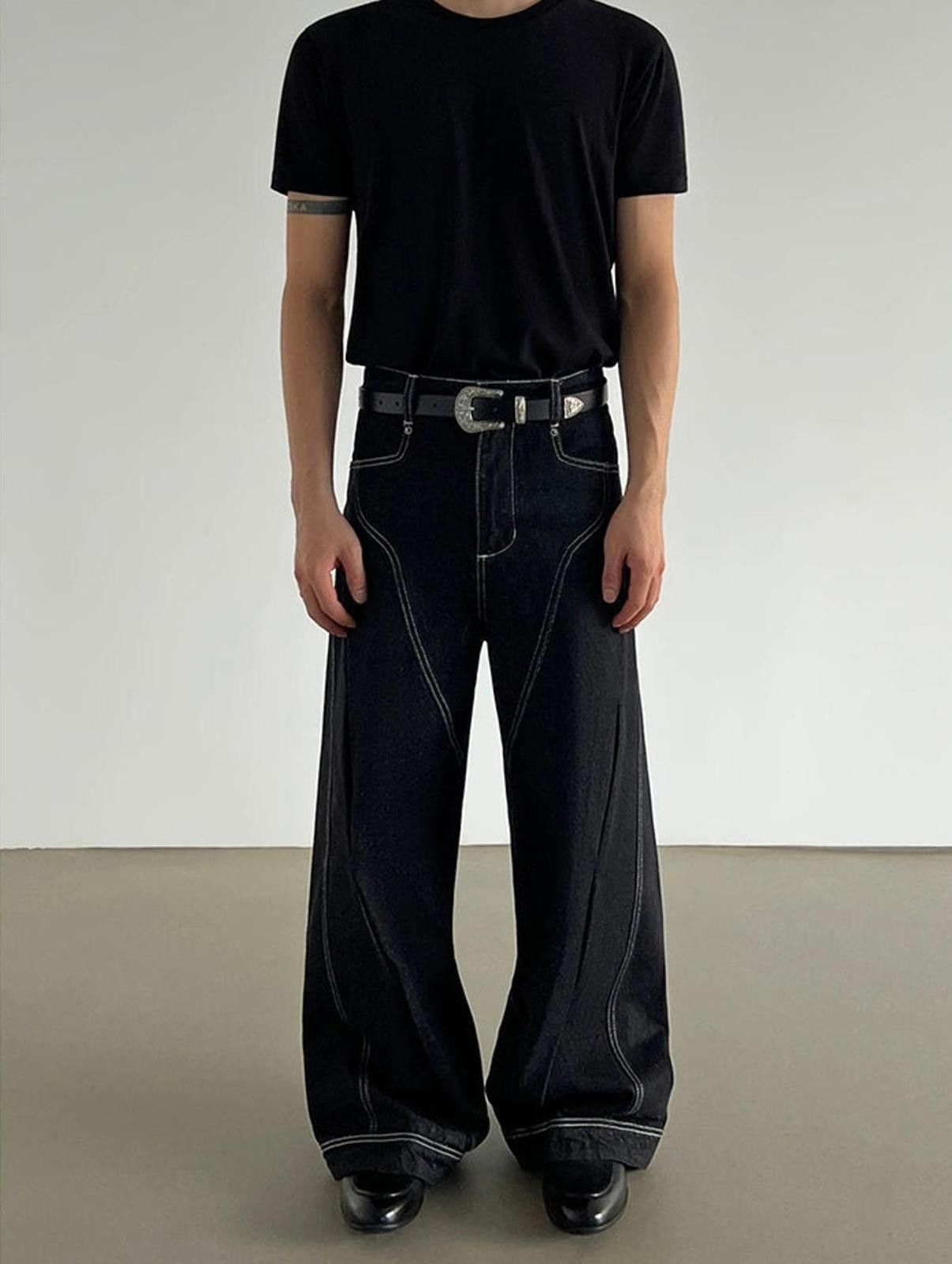 Vintage Wide-Leg Denim Trousers with White Stitching Size US 32 / EU 48 - 2 Thumbnail
