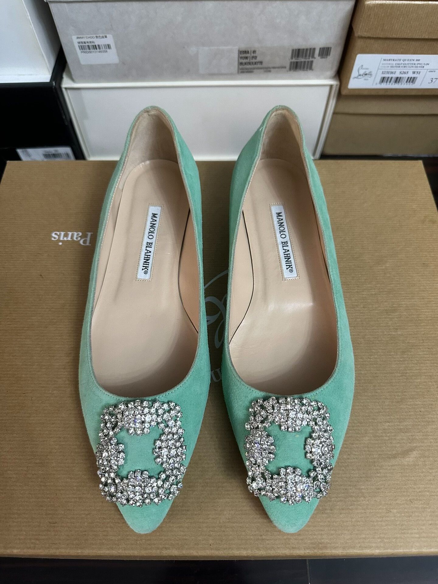 Manolo Blahnik Manolo Blahnik Mint Green Diamond Buckle Flats Size US 7 / IT 37 - 1 Thumbnail