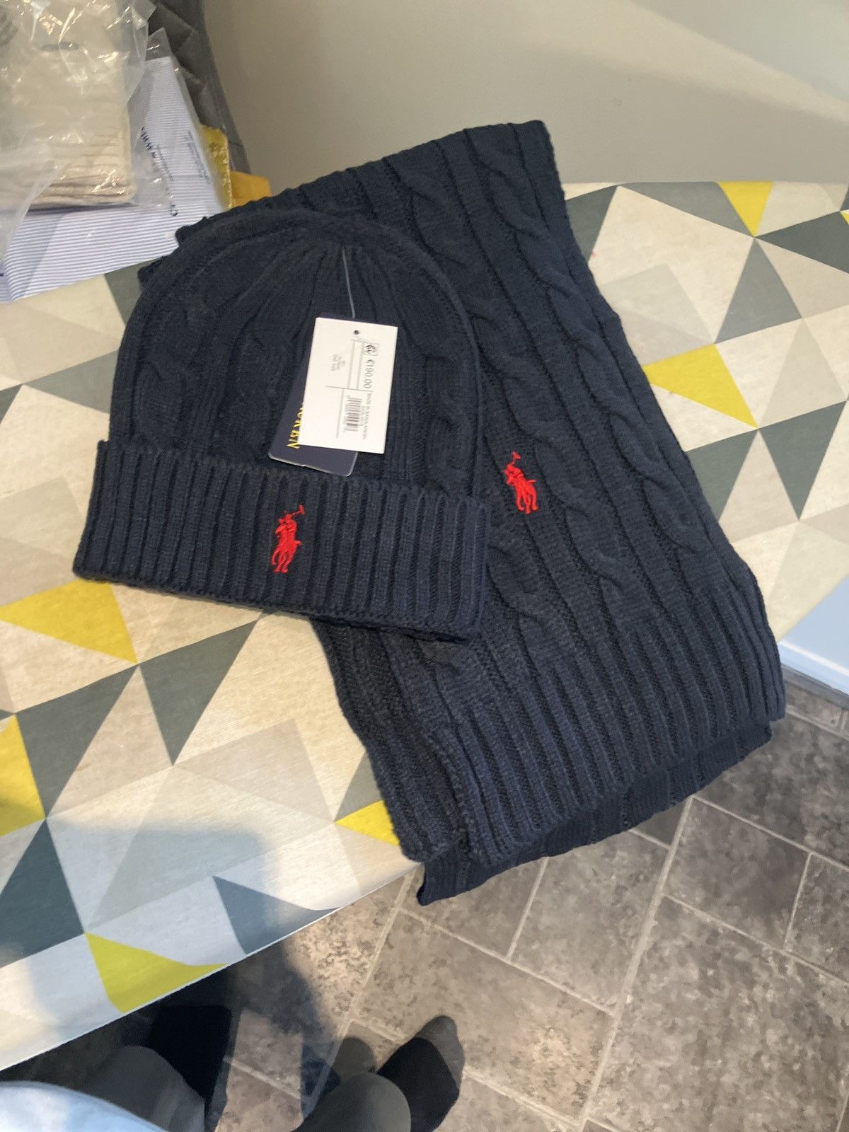 Polo Ralph Lauren black and res beanie and scarf.