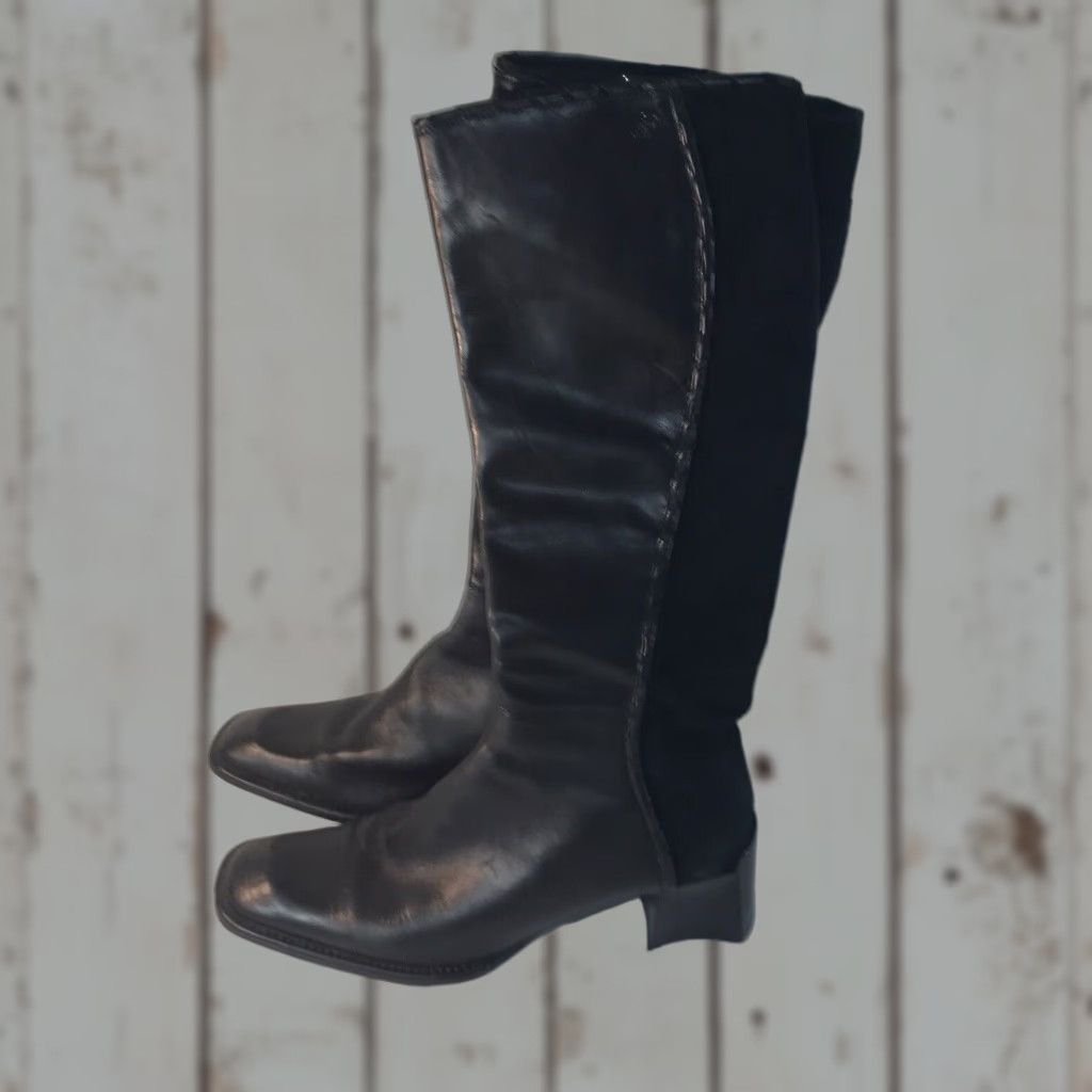 Vintage Angela Falconi Women's Black Leather/Suede Knee High Riding Boots Size 7.5 Italy Block Heel Fall Winter Equestrian Style Size US 7.5 / IT 37.5 - 1 Thumbnail