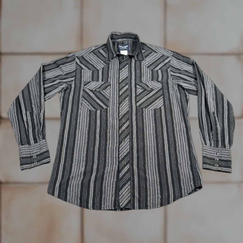 Wrangler Wrangler Western Shirt Adult MEDIUM Black Gray Silver Striped Pearl Snap Cowboy Size US M / EU 48-50 / 2 - 1 Thumbnail