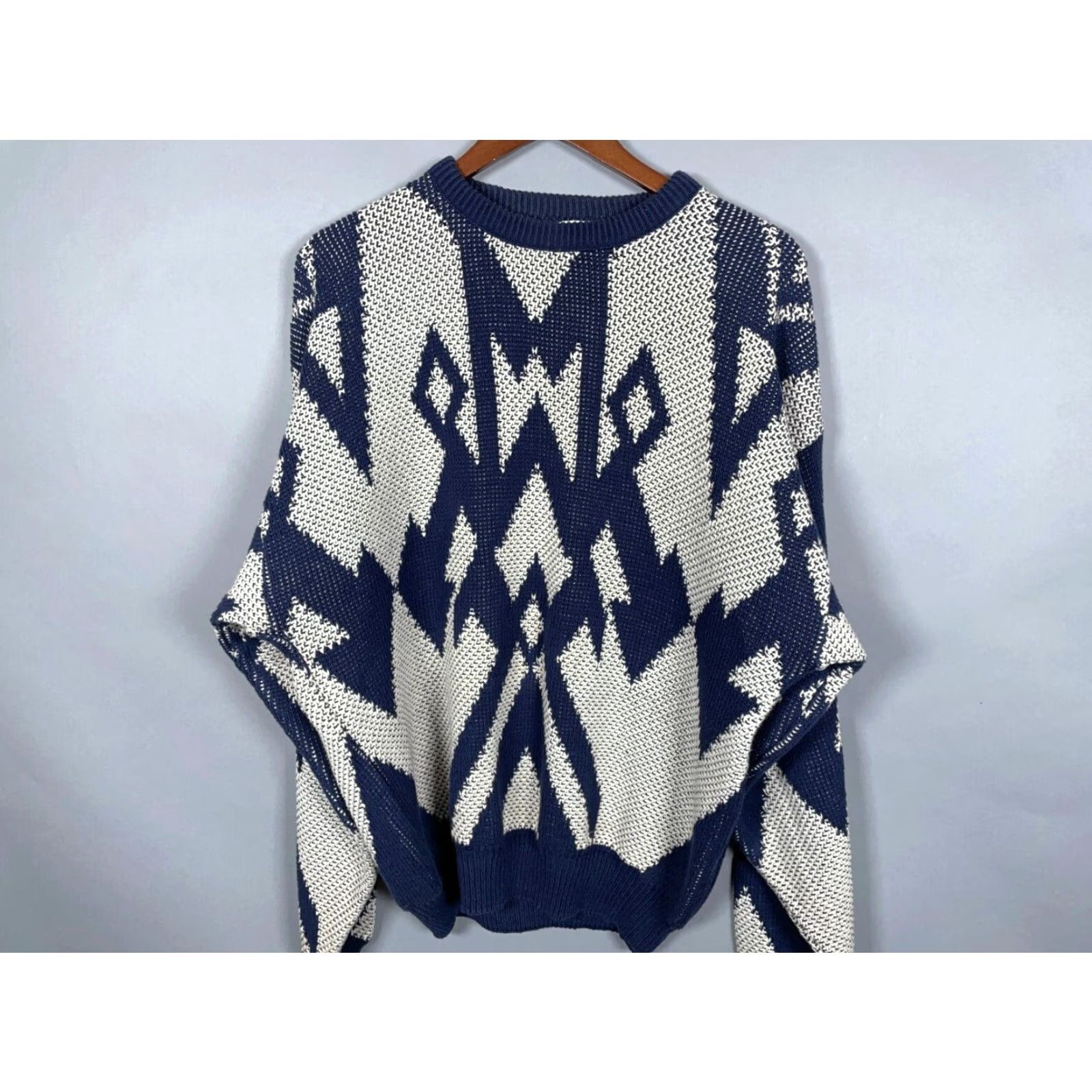 Jantzen VINTAGE Jantzen Geometric Chunky Knit Sweater Adult XL Ivory Dark Blue Cotton Mens Size US XL / EU 56 / 4 - 5 Thumbnail