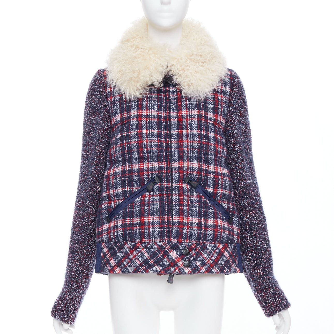 Moncler MONCLER GRENOBLE Runway Soleil red blue tweed lamb fur collar goose down puffer jacket Sz.0 XS Size S / US 4 / IT 40 - 1 Thumbnail