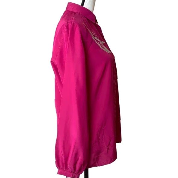Pinko VINTAGE Blouse Pink 70s 80s Embroidered Button Up Long Sleeve Collared Polyester Medium Womens Retro Festival Hippe Size M / US 6-8 / IT 42-44 - 2 Thumbnail