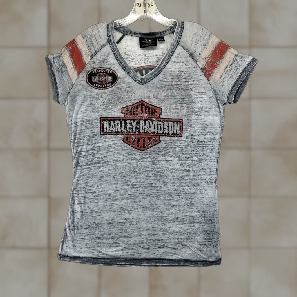 Harley Davidson Harley-Davidson T-Shirt Women Gray V-Neck Short Sleeve Angel Rhinestones 90s Retro Biker Large Ladies Size L / US 10 / IT 46 - 1 Thumbnail