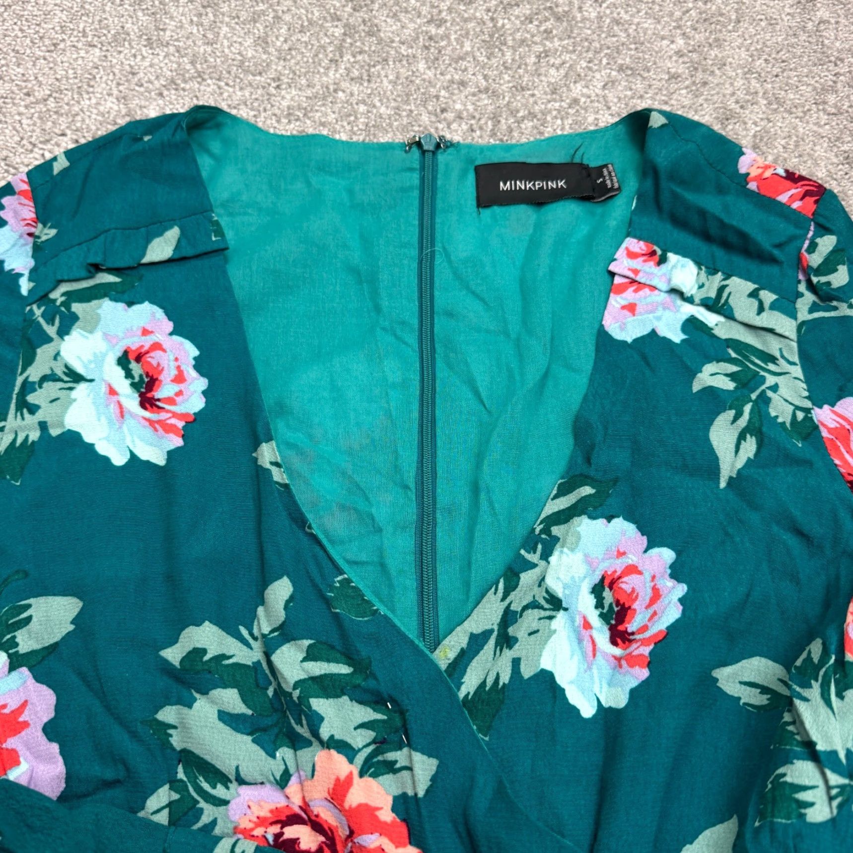 MINKPINK Minkpink Romper Womens S Green Long Sleeve V-Neck Floral Boho Summer Beach Bohemian One-Piece Size S / US 4 / IT 40 - 3 Thumbnail