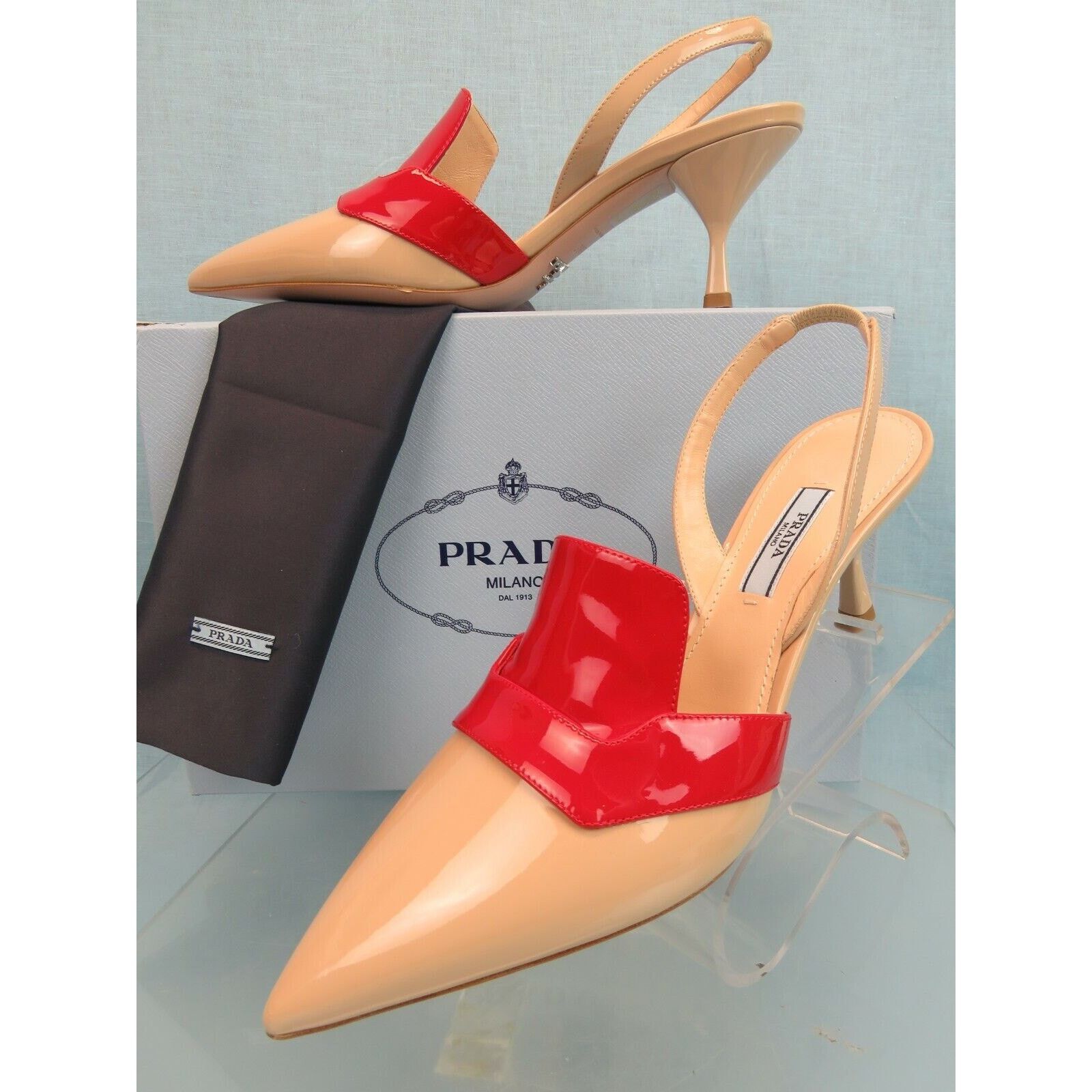 Prada 1I270L BEIGE RED PATENT LEATHER POINTED TOE MULES PUMPS 39 Size US 9 / IT 39 - 1 Thumbnail
