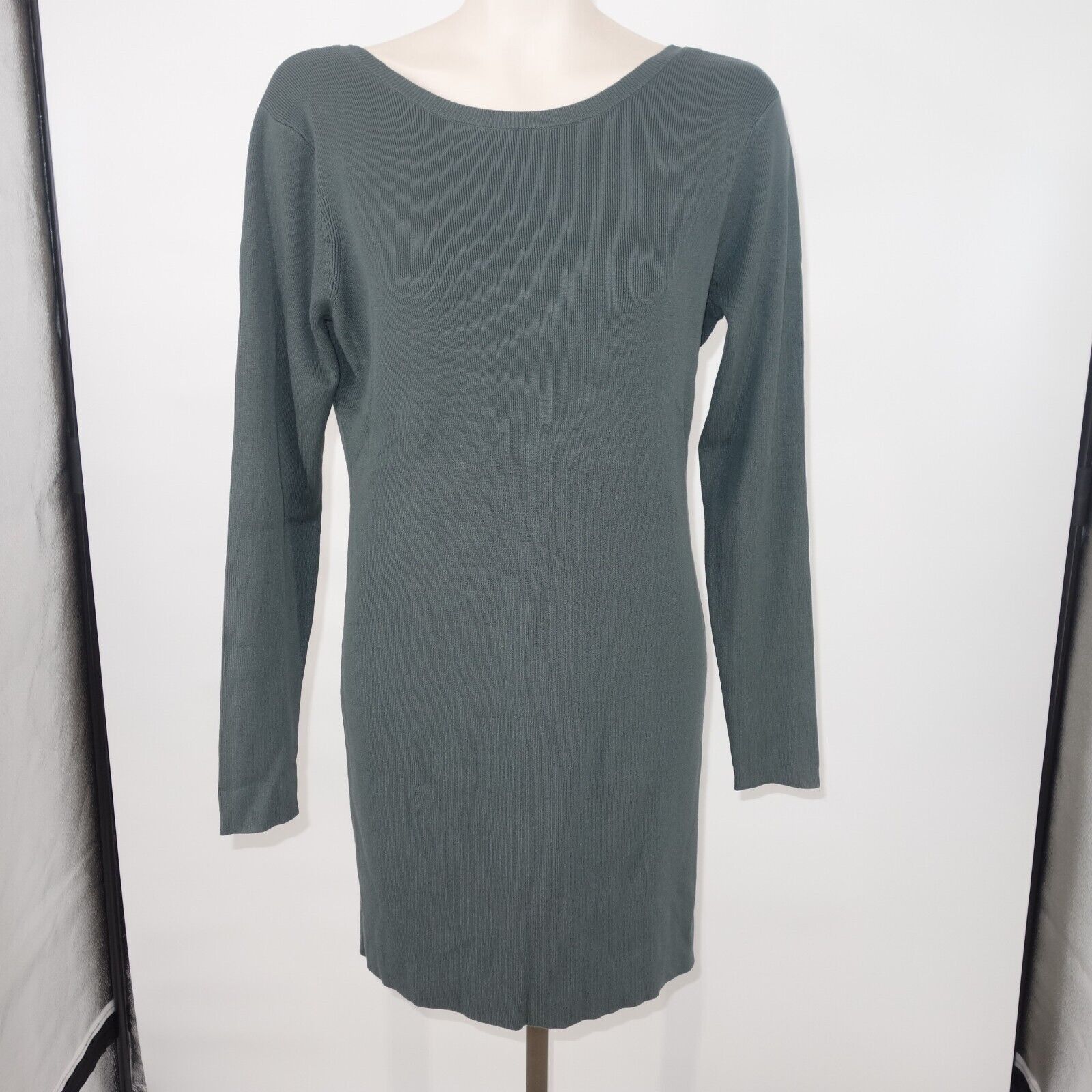 Other New Open Edit Ribbed Long Sleeve Sweater Mini Dress Green Size L / US 10 / IT 46 - 2 Thumbnail