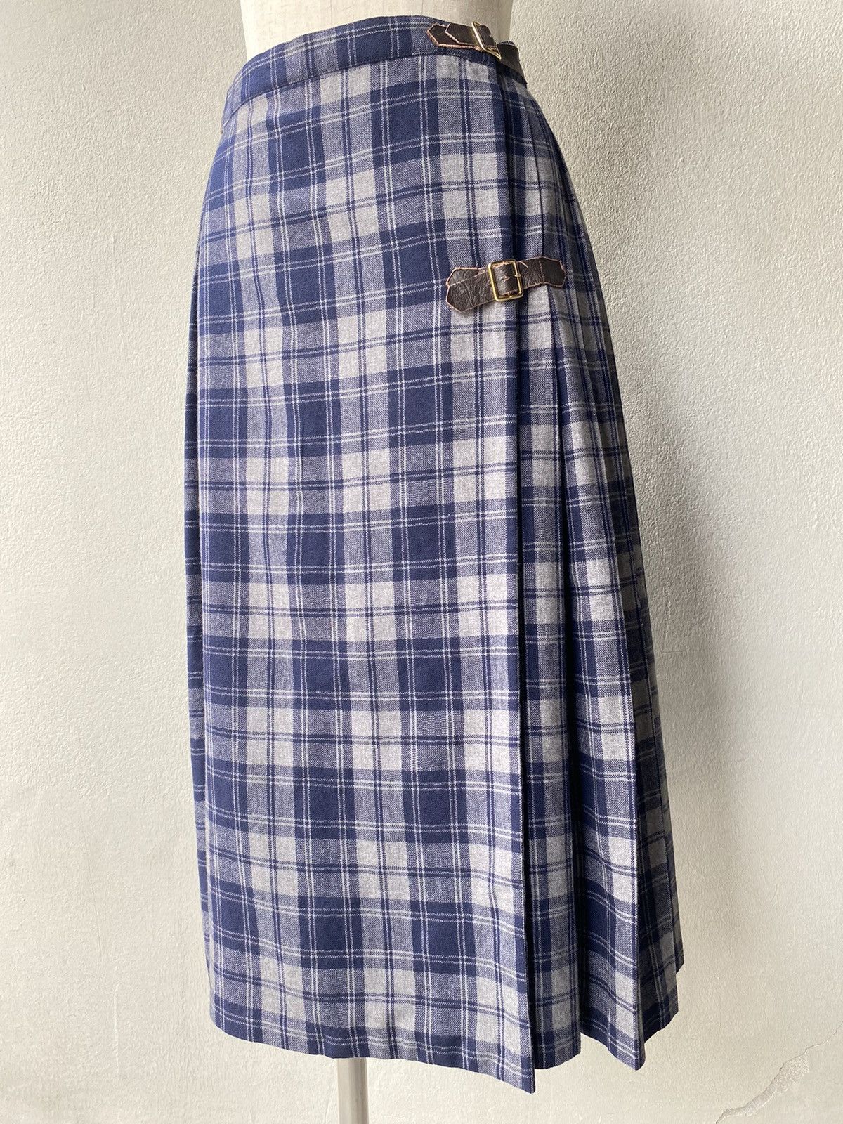 image of Comme Des Garcons Dual-Buckle Plaid Skirt in Blue, Women's (Size 26)