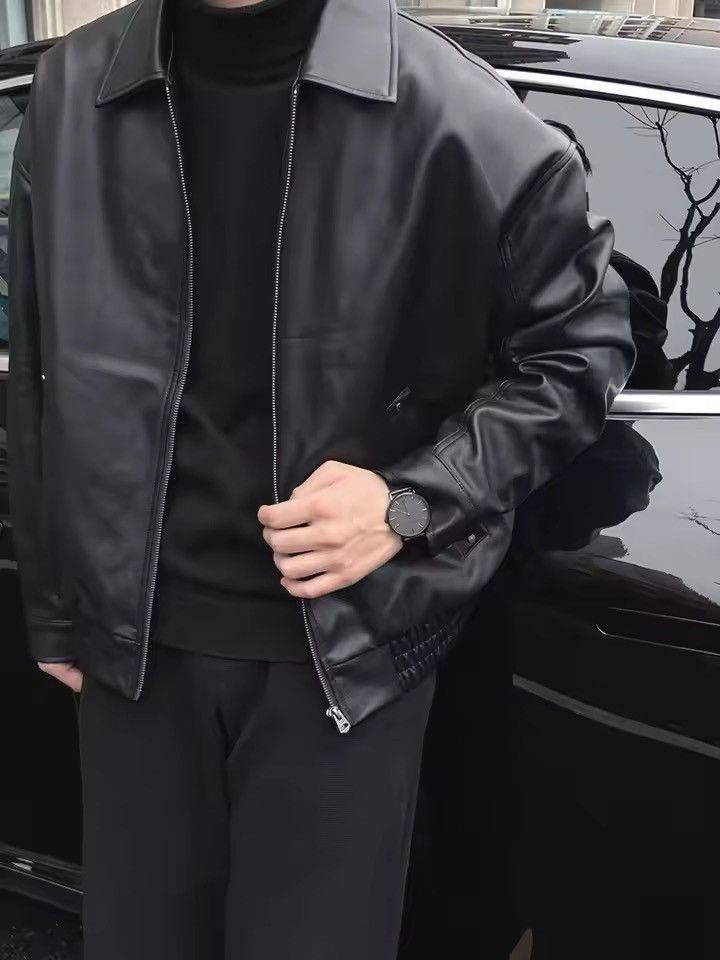 Japanese Brand Boxy Faux Leather Bomber Jacket - Minimalist Korean Style Size US L / EU 52-54 / 3 - 2 Thumbnail