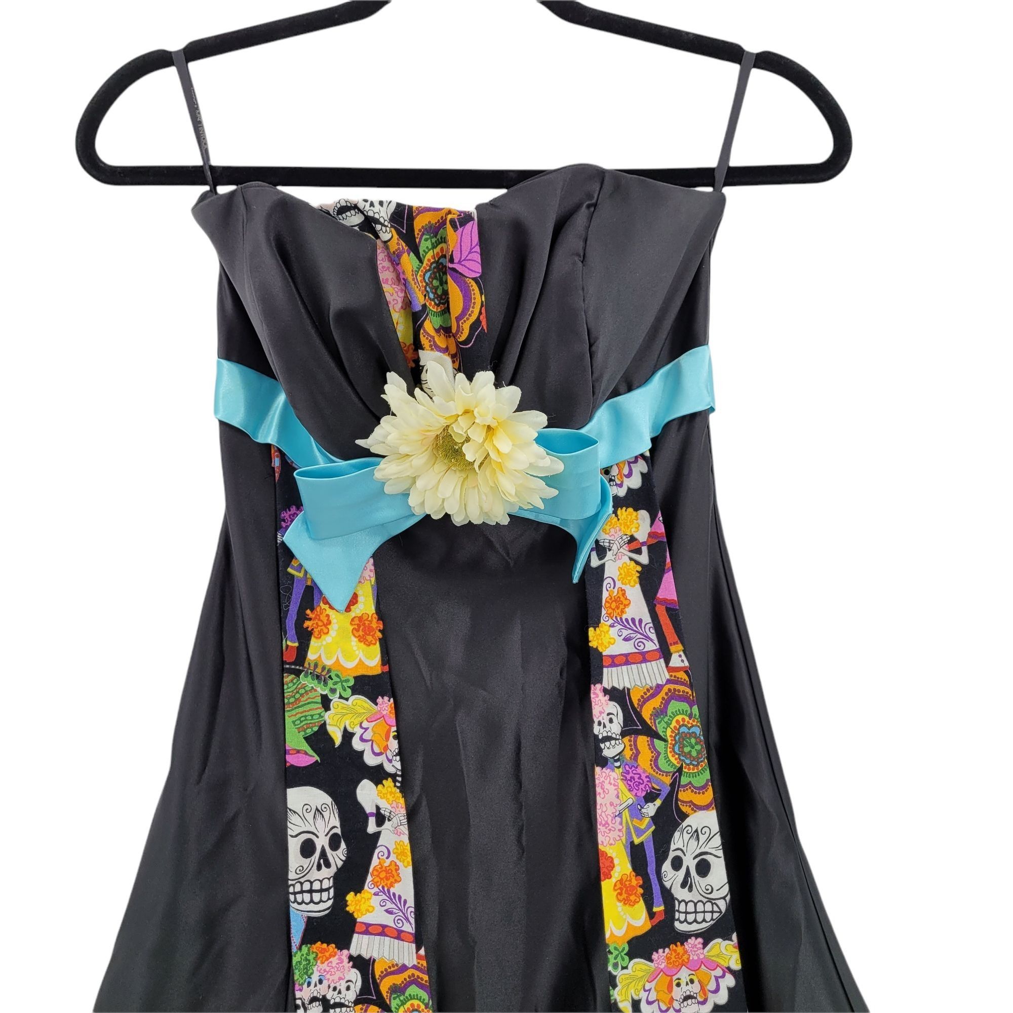 Jessica McClintock Vtg Little Black Dress Sz XS Upcycled Day Of The Dead Fit Fl Size XS / US 0-2 / IT 36-38 - 4 Thumbnail
