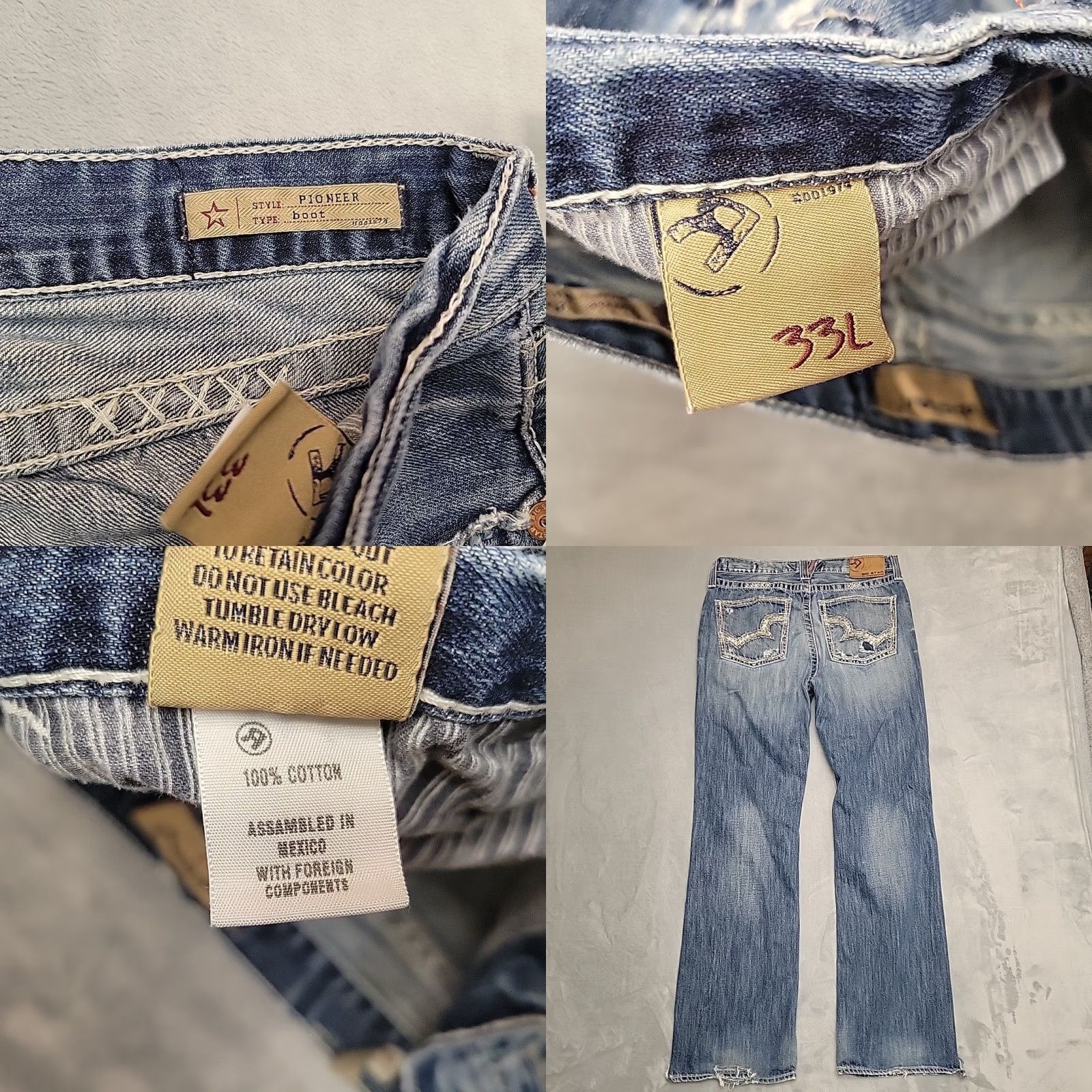 Denime VINTAGE Big Star Jeans Men 33L Faded Whiskered Blue Denim Thick Stitch Pioneer Boot Cut Jeans Mens 90s USA American(Blue) Size US 33 - 8 Thumbnail