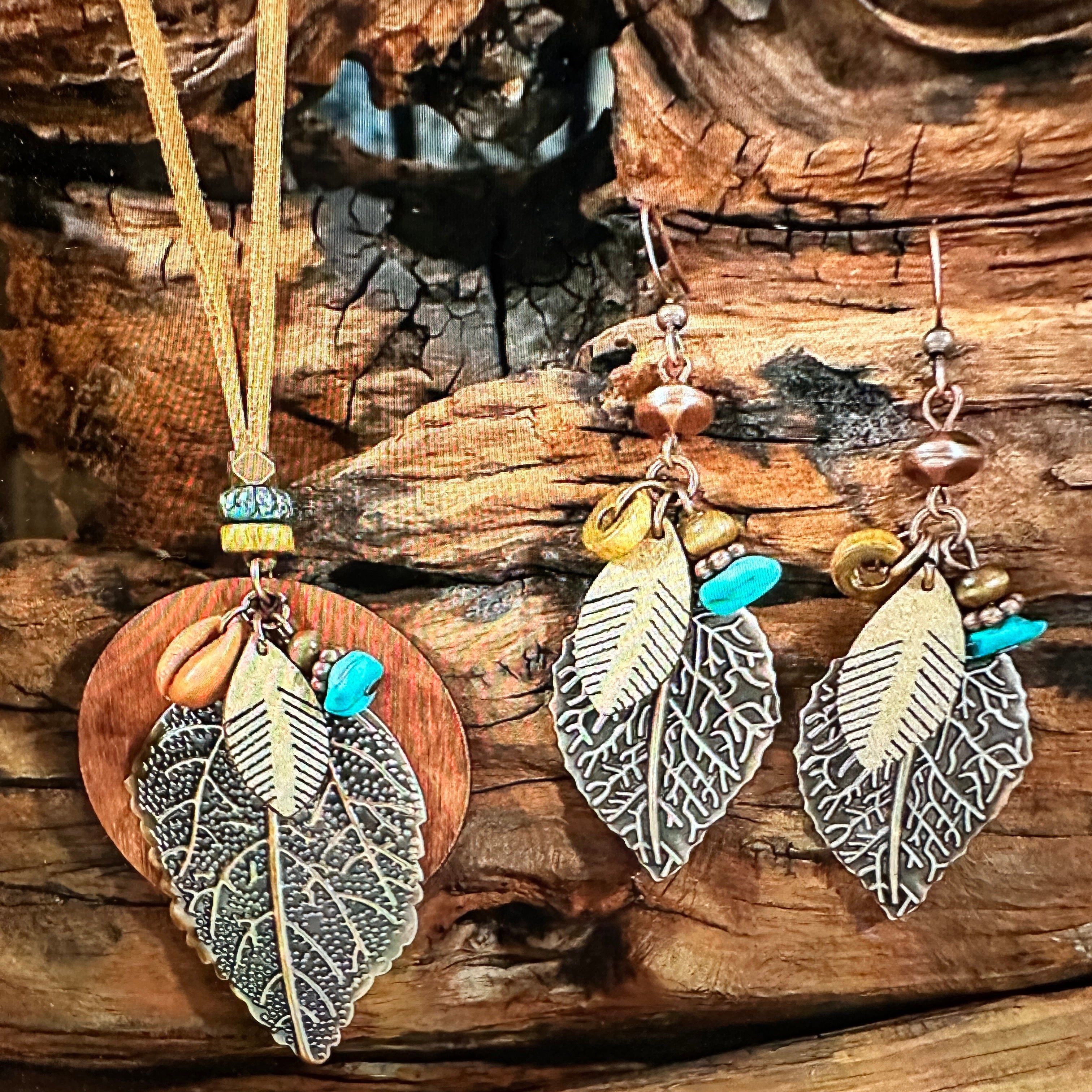 Other Bohemian Retro Copper Leaf Pendant Necklace Earrings Set For Size ONE SIZE - 2 Thumbnail