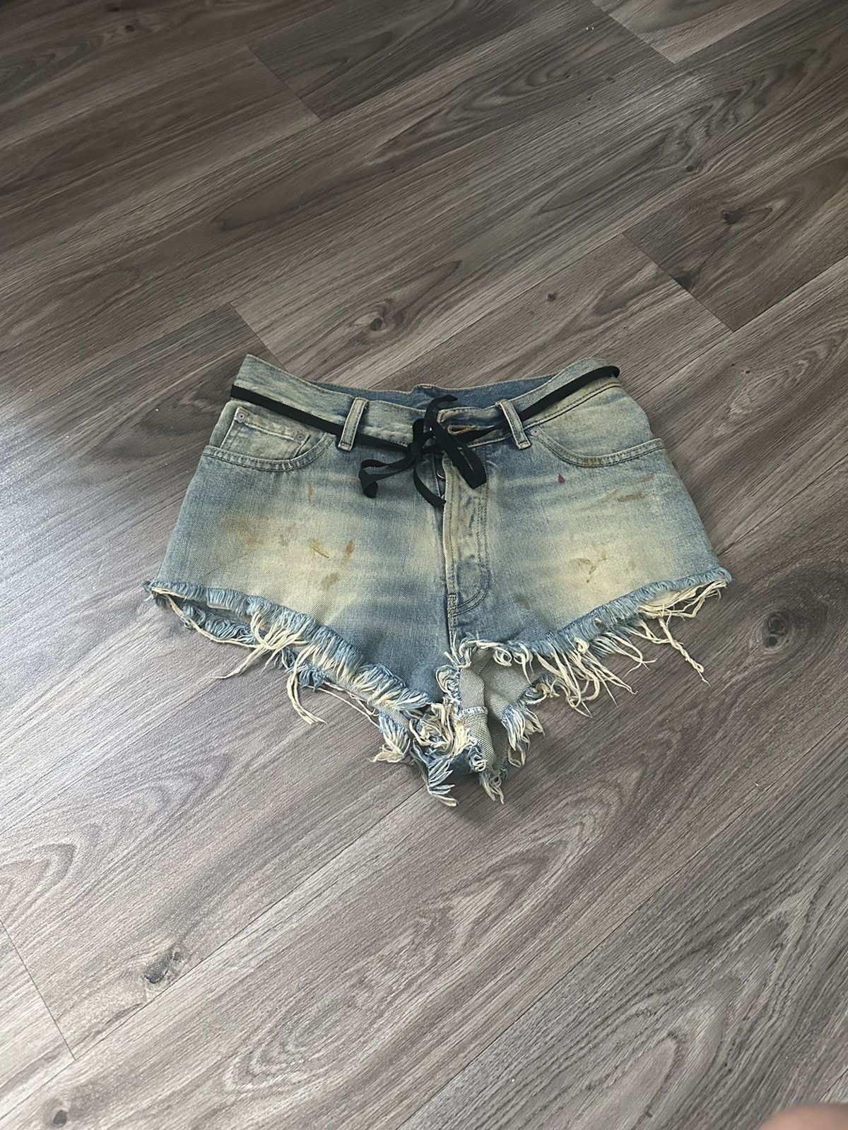 image of Maison Margiela Stained Denim Shorts in Blue Denim, Women's (Size 26)