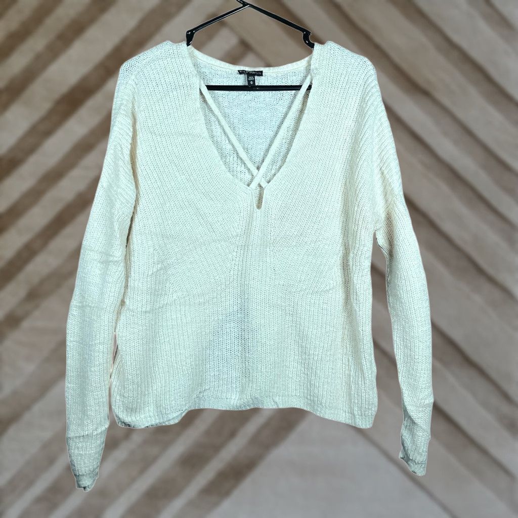 Express Express Women's Sweater Cream V Neck Criss Cross Slit Back Knit Cotton Blend M Knit Style Pullover Casual Workwear) Size M / US 6-8 / IT 42-44 - 1 Thumbnail