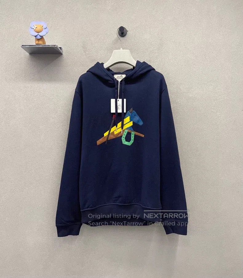 Hermes Hermes Navy Blue Logo Printed Hooded Sweatshirt with Leath Size L / US 10 / IT 46 - 1 Thumbnail