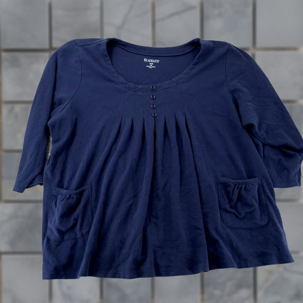 Vintage Roaman's Shirt Women's 4X Tunic 3/4 Sleeve Scoop Neck Pleated Pockets Blue Cotton Blend Polyester Size XXL / US 16-18 / IT 52-54 - 1 Thumbnail