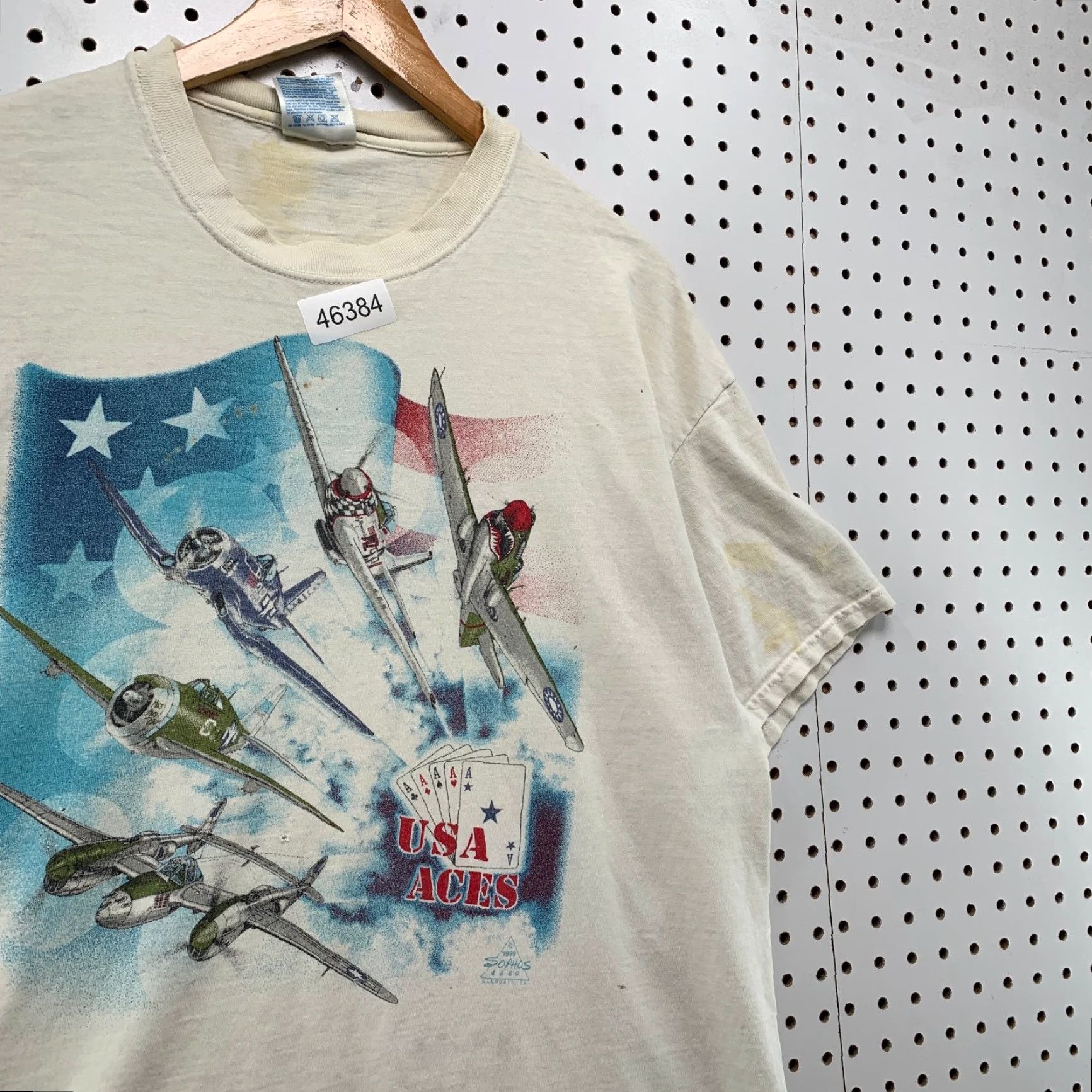Hanes VINTAGE Hanes T-Shirt Mens XL White 90s Military Airplane Sophos USA Aces Flag Shirt Size US XL / EU 56 / 4 - 5 Thumbnail