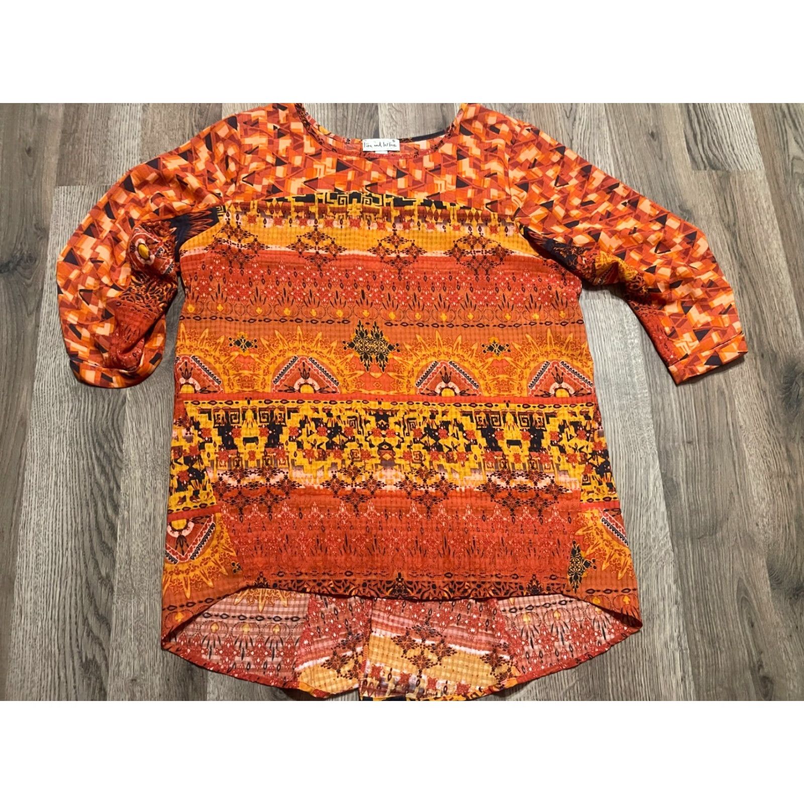 Olive Live And Let Live Shirt, Women’s Small, Orange Black, Allover Print, 3/4 Sleeve, T-Shirt, Casual, Regular Fit, Round Neck, Pullover, Size S Size S / US 4 / IT 40 - 2 Thumbnail