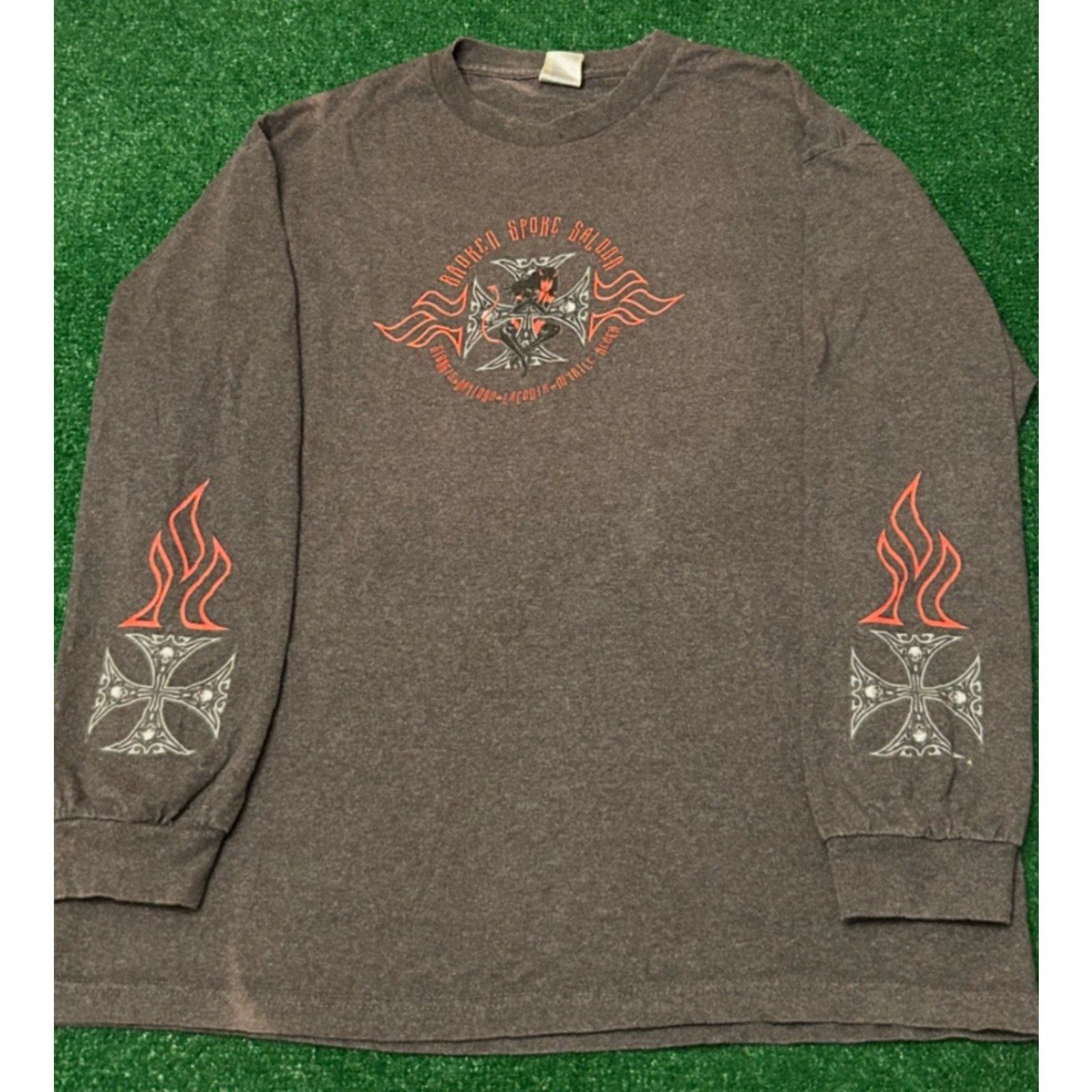 Vintage VINTAGE Broken Spoke Saloon Chrome Skull Cross Flames Biker Long Sleeve Shirt XL Mens Gray Size US XL / EU 56 / 4 - 7 Thumbnail