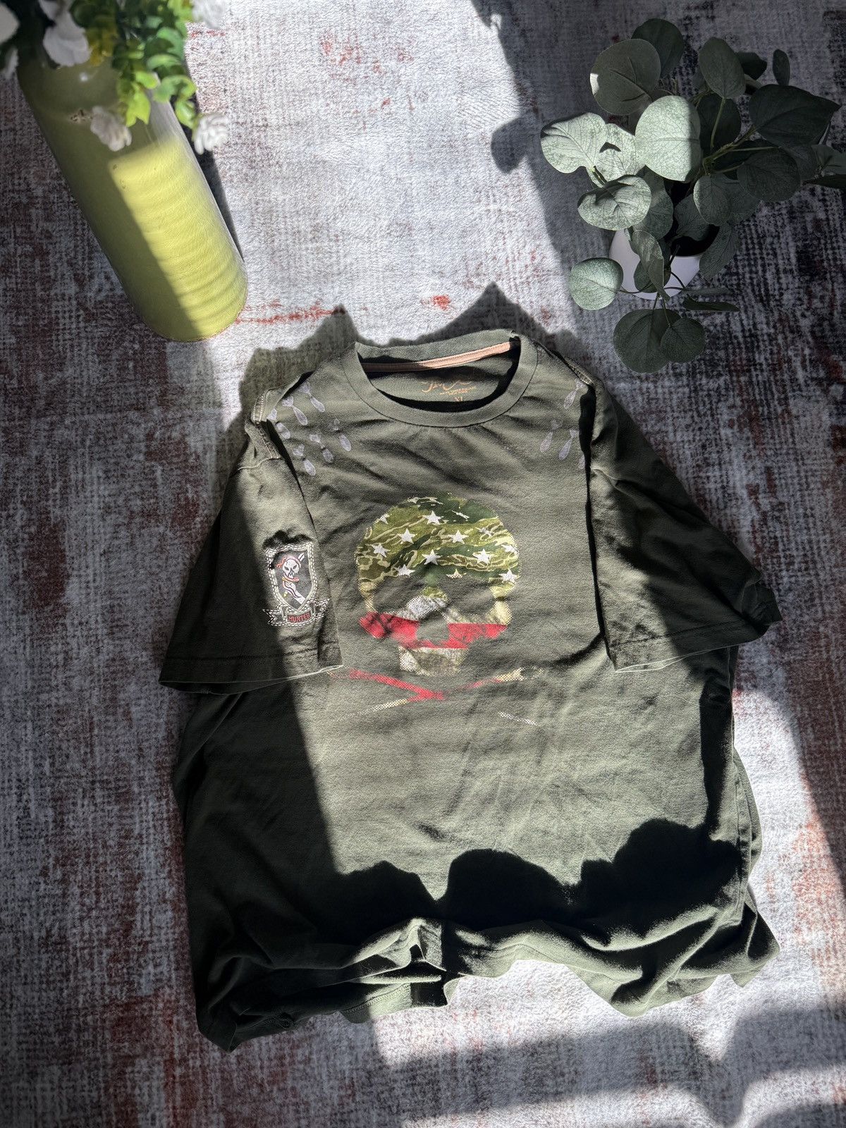 Japanese Brand × Vintage Y2K Skull Shirt Streetwear Vintage Military Green Camo Tee Size US XL / EU 56 / 4 - 1 Thumbnail