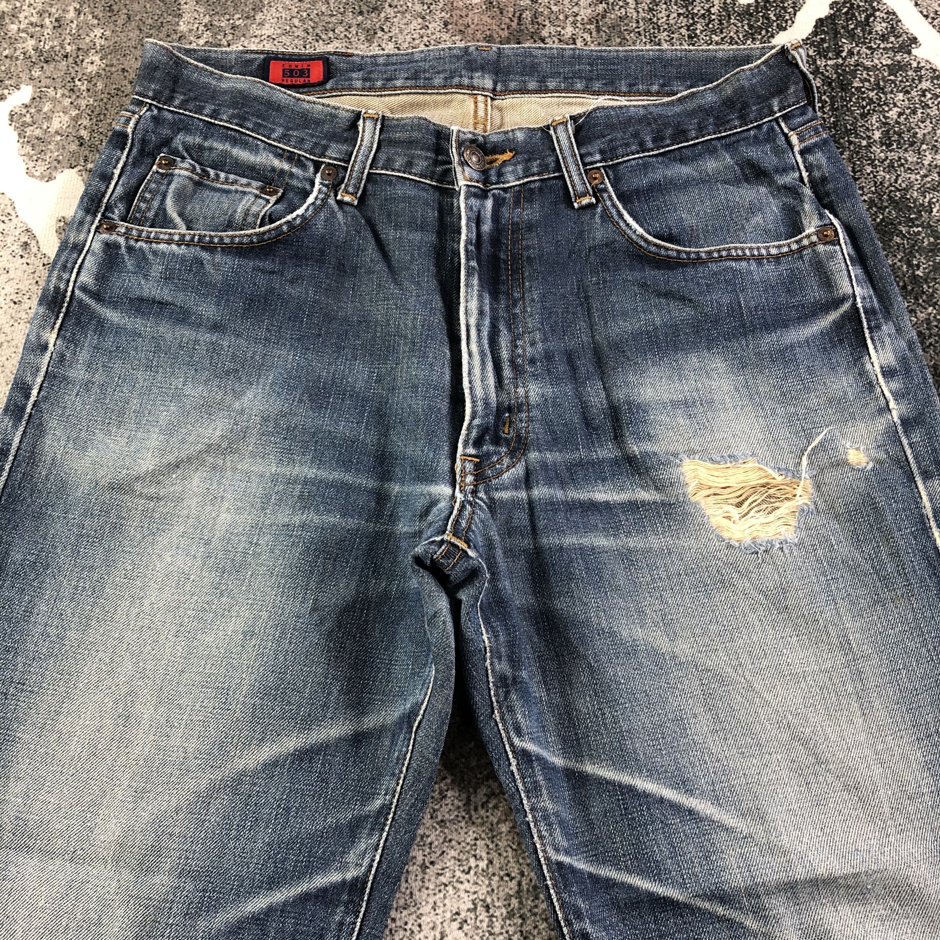 Edwin Vintage Edwin 503 Jeans Faded Blue Distressed Denim KJ1682 Size US 33 - 3 Thumbnail