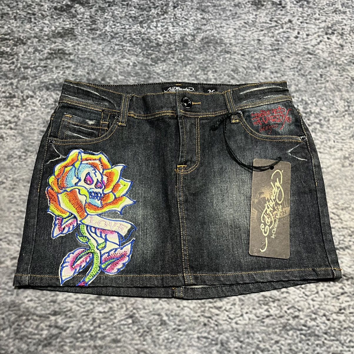 Ed Hardy Vintage Y2K Ed Hardy Cyber Grunge Goth Denim Mini Skirt NEW Size 29" - 3 Thumbnail
