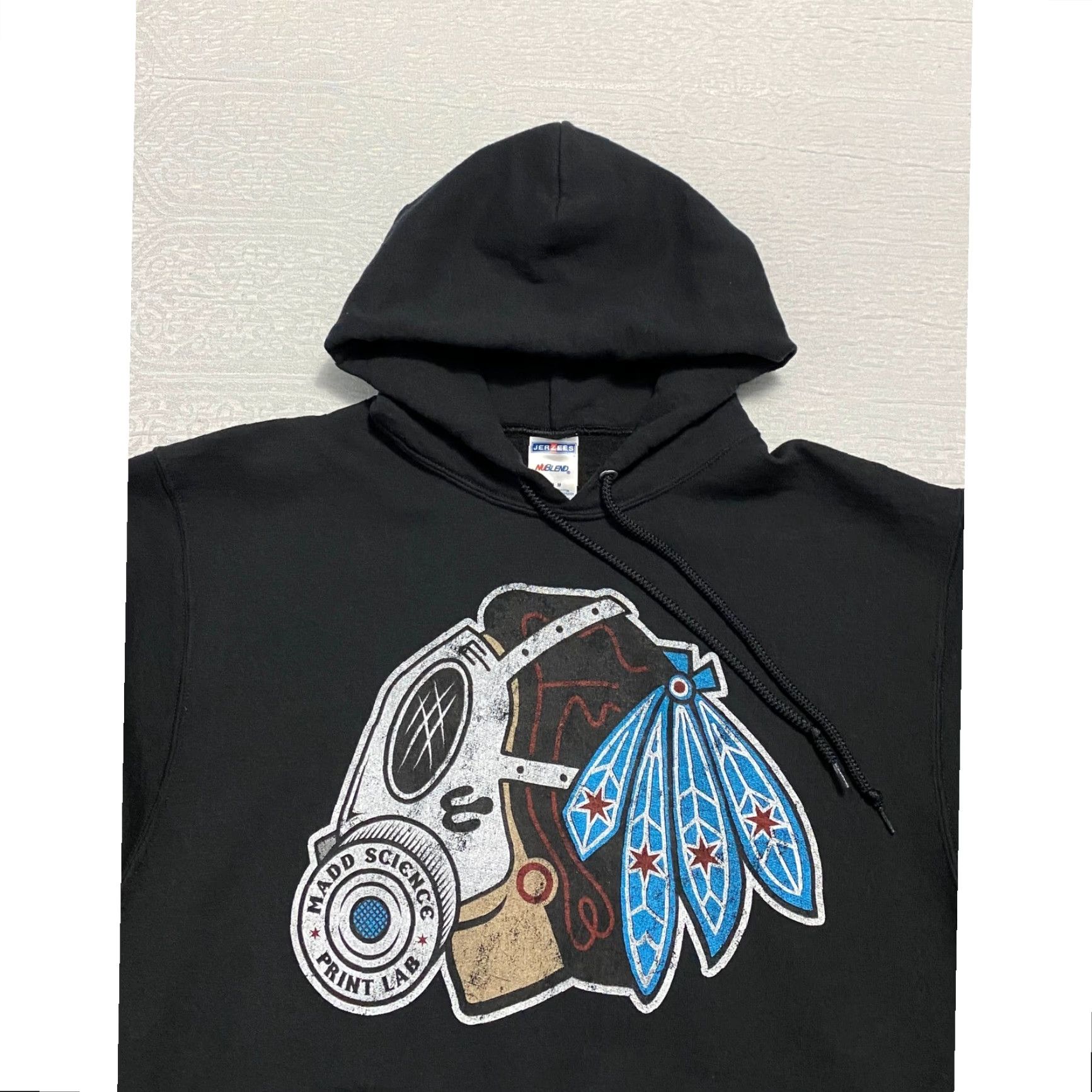 Jerzees Madd Science Print Lab Graphic Hoodie Black Gas Mask Feather Logo Jerzees Mens M Size US M / EU 48-50 / 2 - 2 Thumbnail