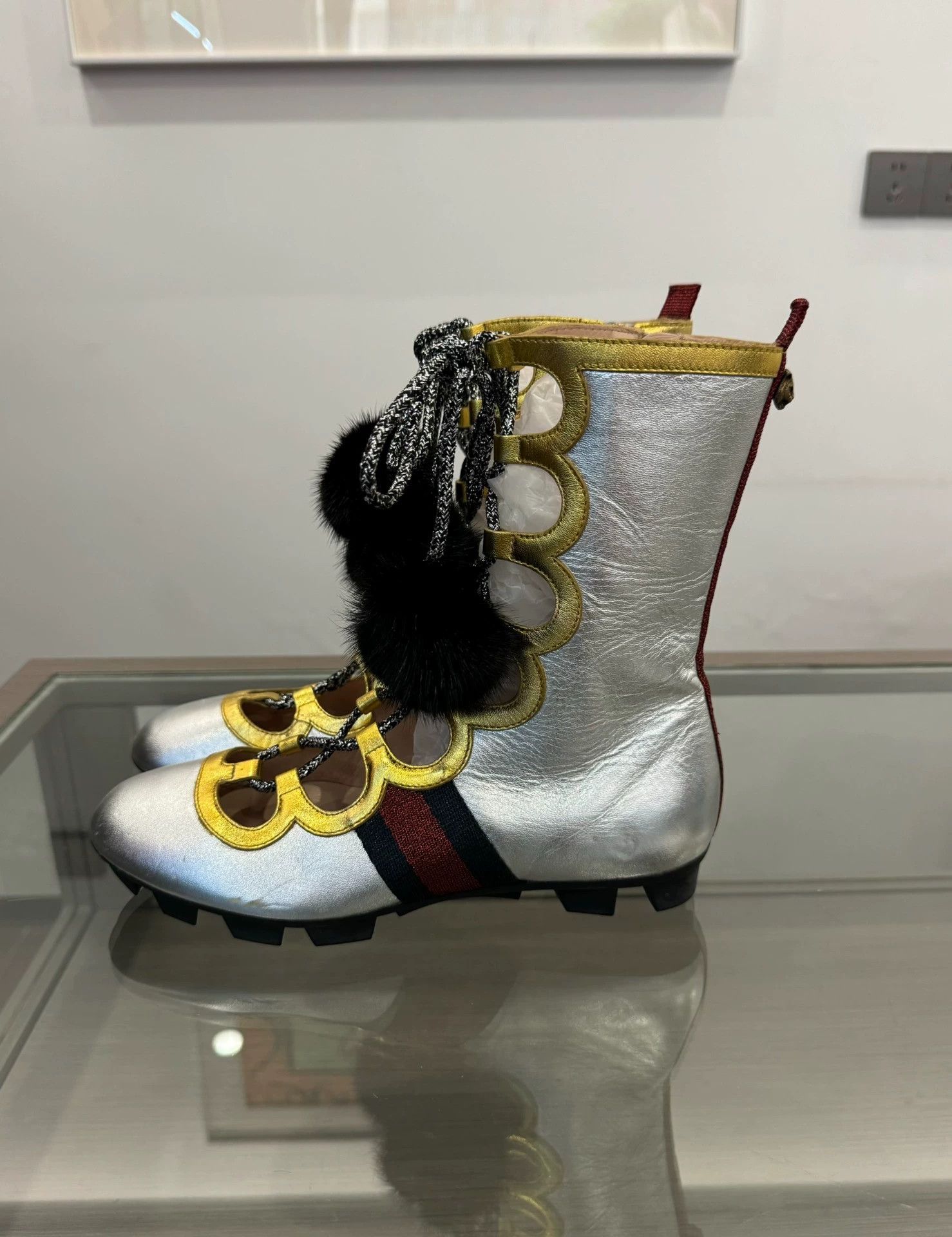 Gucci Gucci black pom-pom openwork lace-up high-top boots, Size US 6.5 / IT 36.5 - 3 Thumbnail