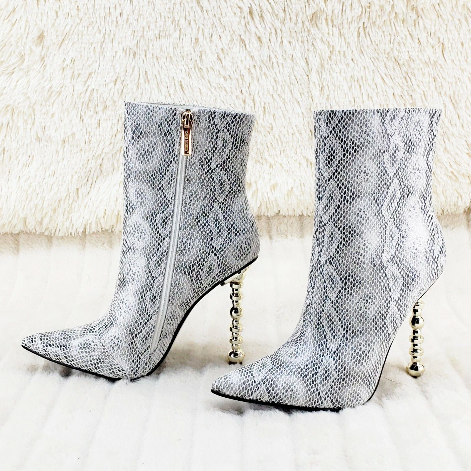 Other 5" Geo Deco High Heel White Snake Print Pointy Toe Ankle Boo Size US 7.5 / IT 37.5 - 3 Thumbnail