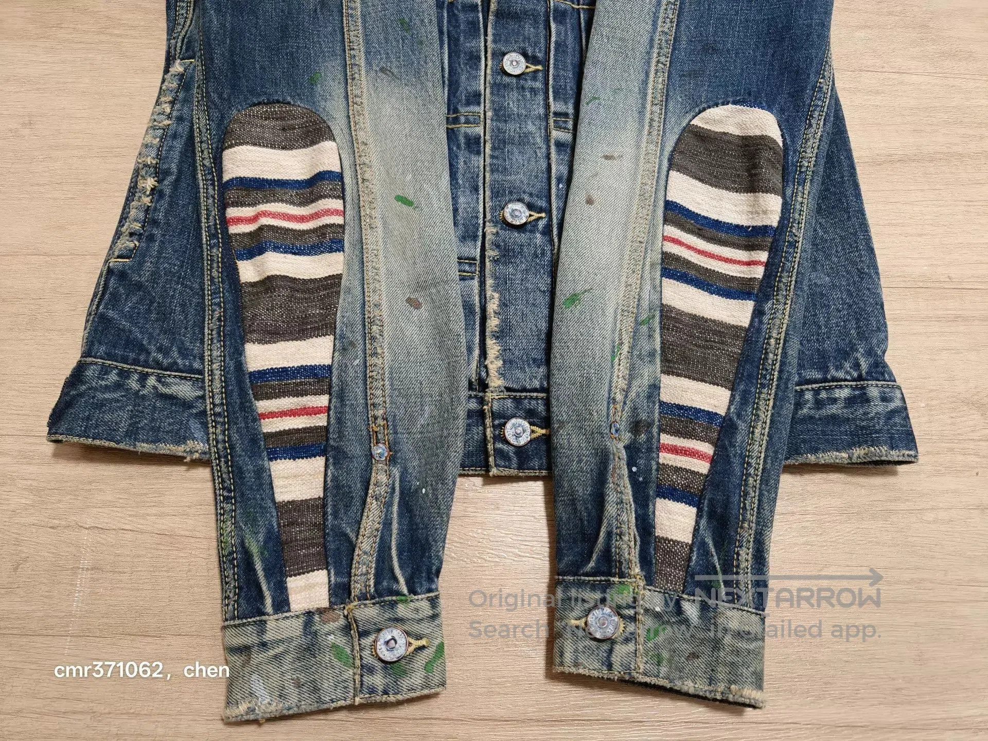 Visvim Blue Denim Jacket with Paint Splatters and Striped Sleeves. Size US M / EU 48-50 / 2 - 5 Thumbnail