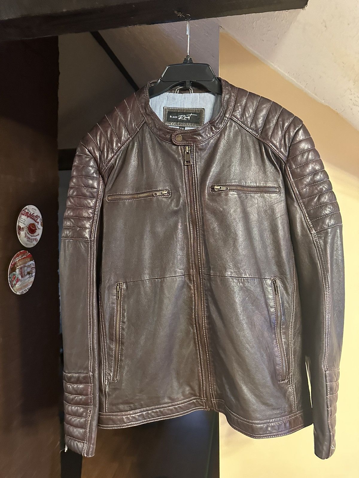 image of Black Rivet x Leather Jacket Cherry Brown Padded Moto Leather Jacket in Chestnut Midnight (Size 2XL