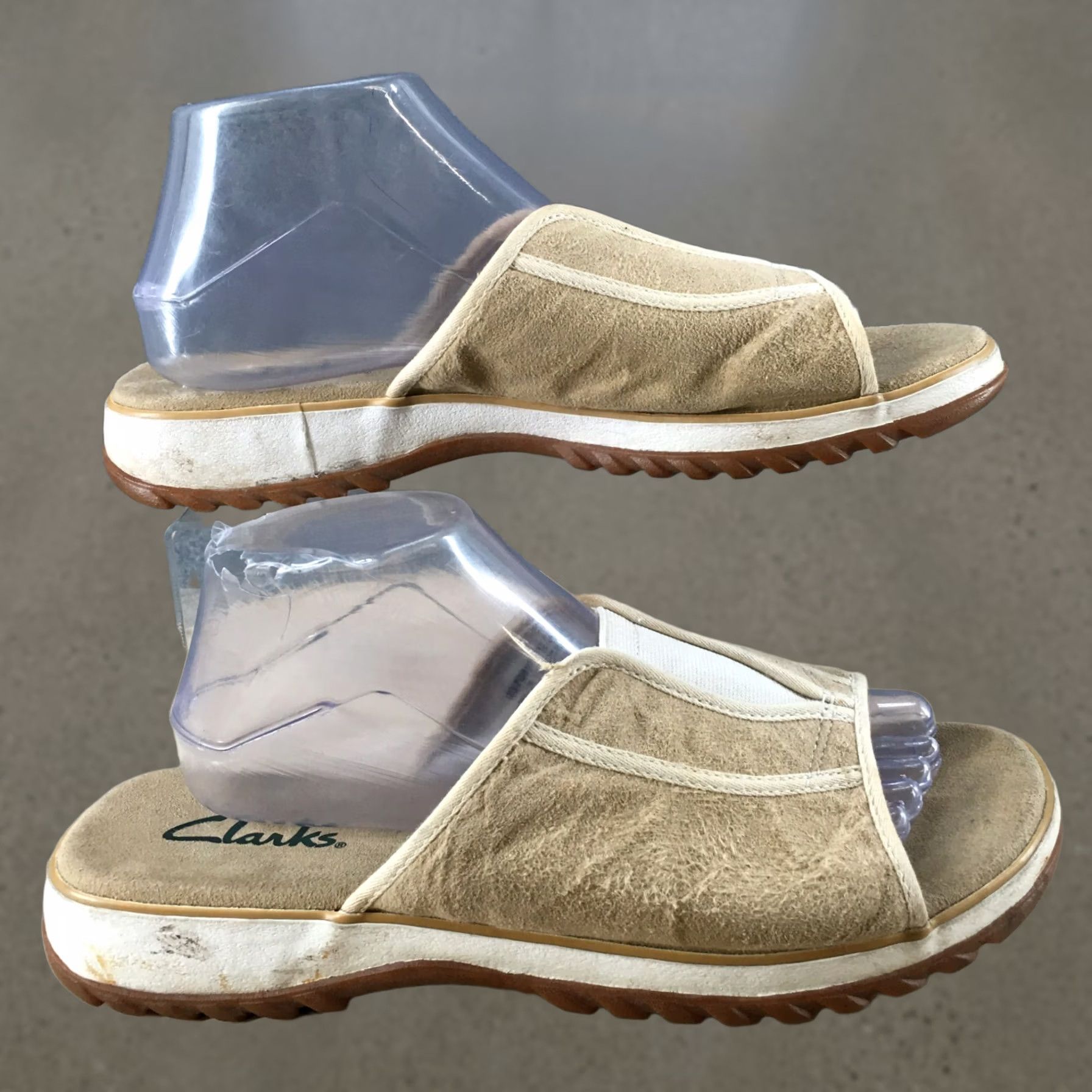 Clarks Clarks Sandals Womens 11 M Slip On Slides Beige Faux Suede Open Toe Wedge Casual Size US 11 / IT 41 - 1 Thumbnail