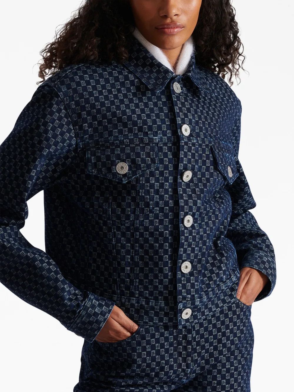 Balmain o1s1wg110526 Monogram-Print Denim Jacket in Blue Size S / US 4 / IT 40 - 6 Thumbnail
