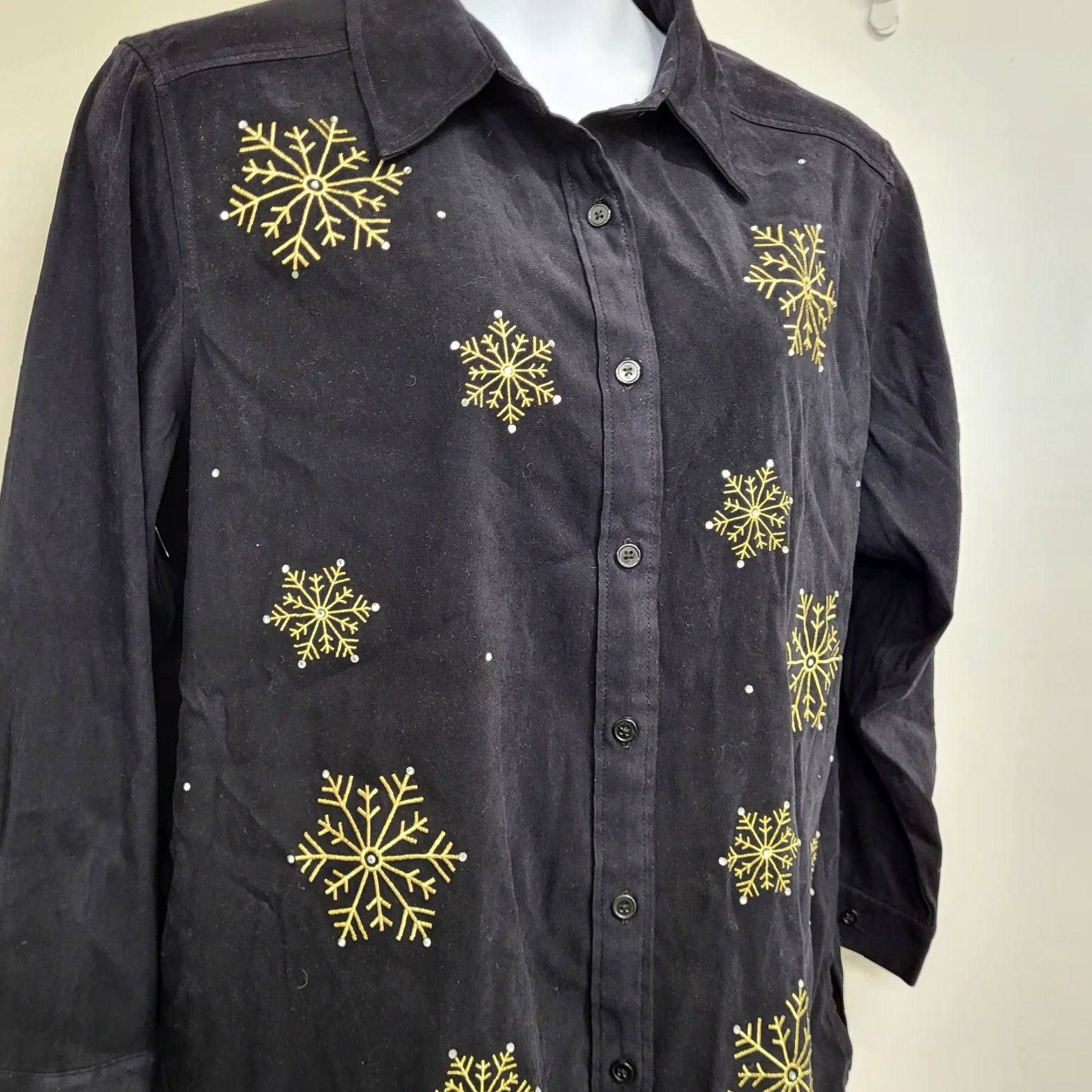 Quacker Factory VINTAGE Quacker Factory Shirt Jacket Women 1X Black Gold Snowflakes Long Sleeve Button-Up Embroidered Christmas Holiday Size XL / US 12-14 / IT 48-50 - 3 Thumbnail