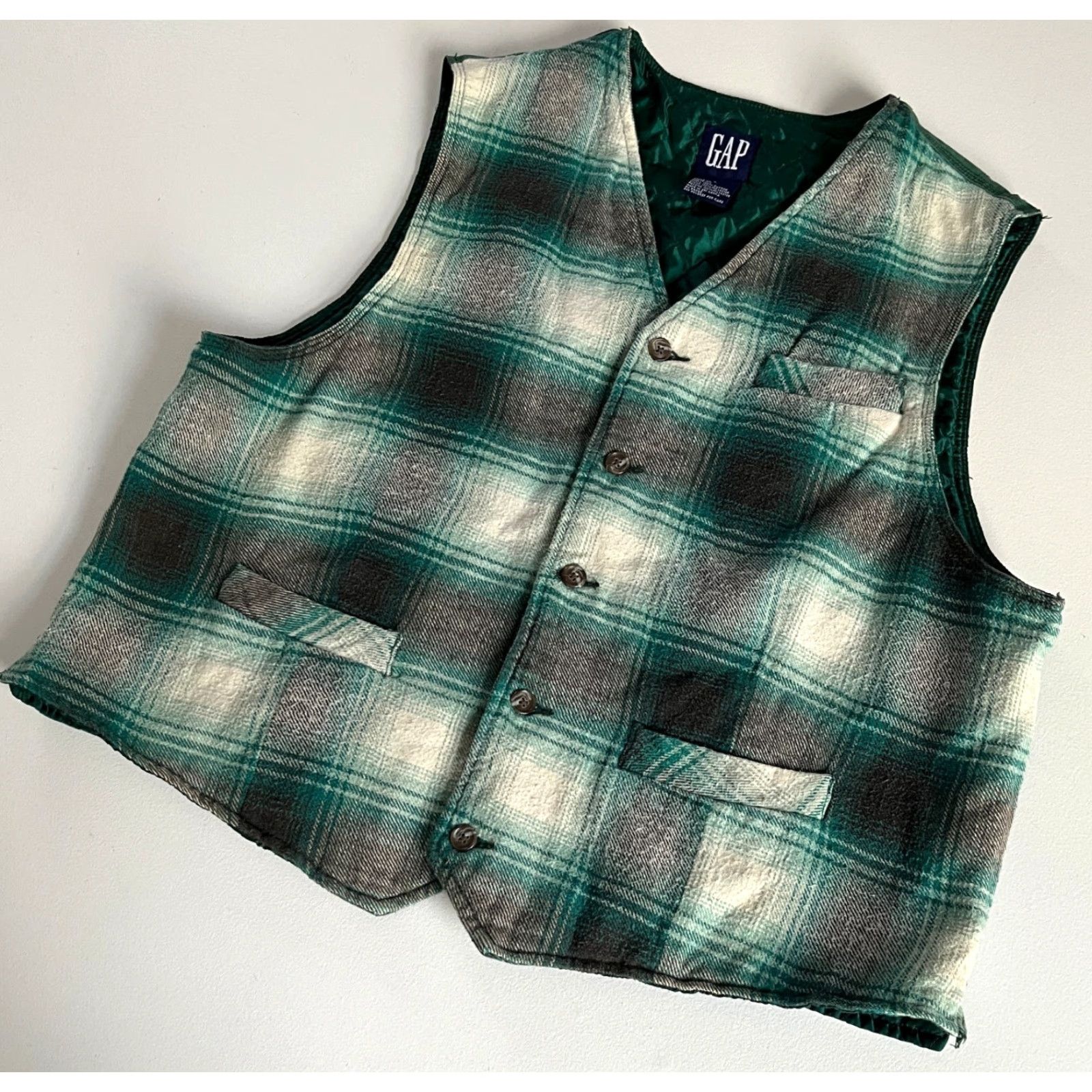 Gap VINTAGE Gap Vest Shirt Men 90s Plaid Green L Waistcoat Padded Pockets Size US L / EU 52-54 / 3 - 4 Thumbnail