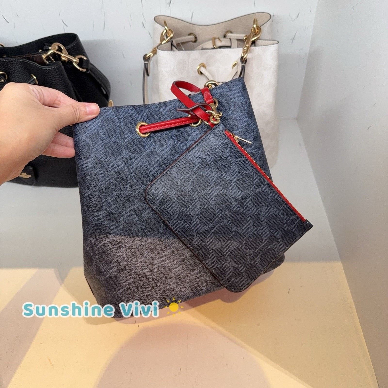 Coach NWT COACH Rowan Bucket Bag CBH07 Denim/Bold Red Crossbody Size ONE SIZE - 3 Thumbnail