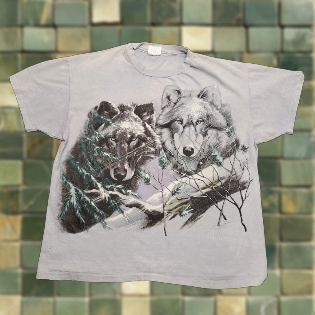 Hanes VINTAGE Wolf Shirt Mens L Blue Single Stitch Nature AOP Outdoors Made in USA TEE Size US L / EU 52-54 / 3 - 1 Thumbnail