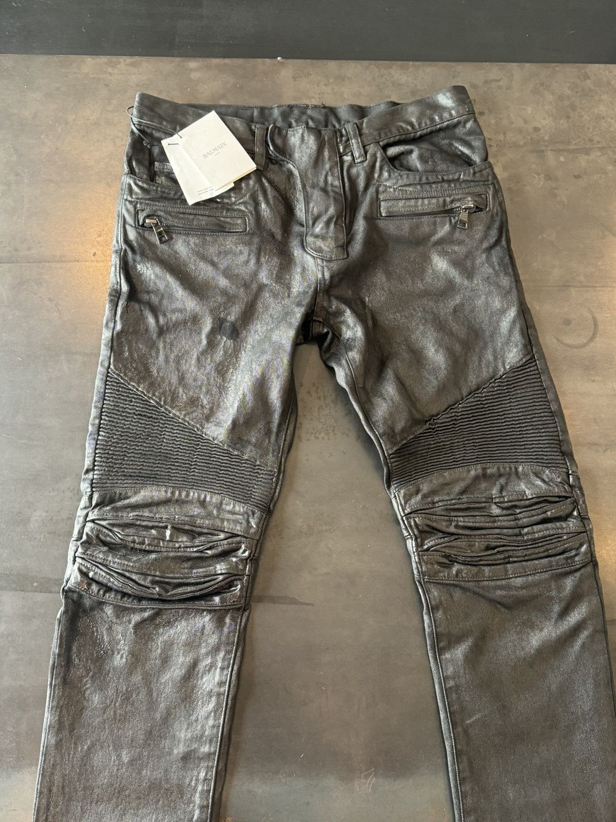 Image of Balmain Men’S Biker Pants Waxed Black Denim Jeans, Men's (Size 31)