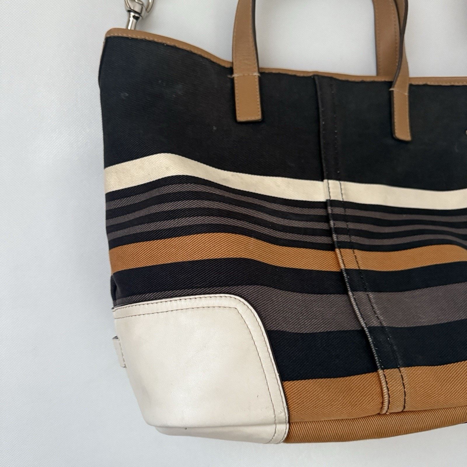 Coach Coach Hadley Tote Straps Striped Canvas Leather Travel Bag Size ONE SIZE - 2 Thumbnail
