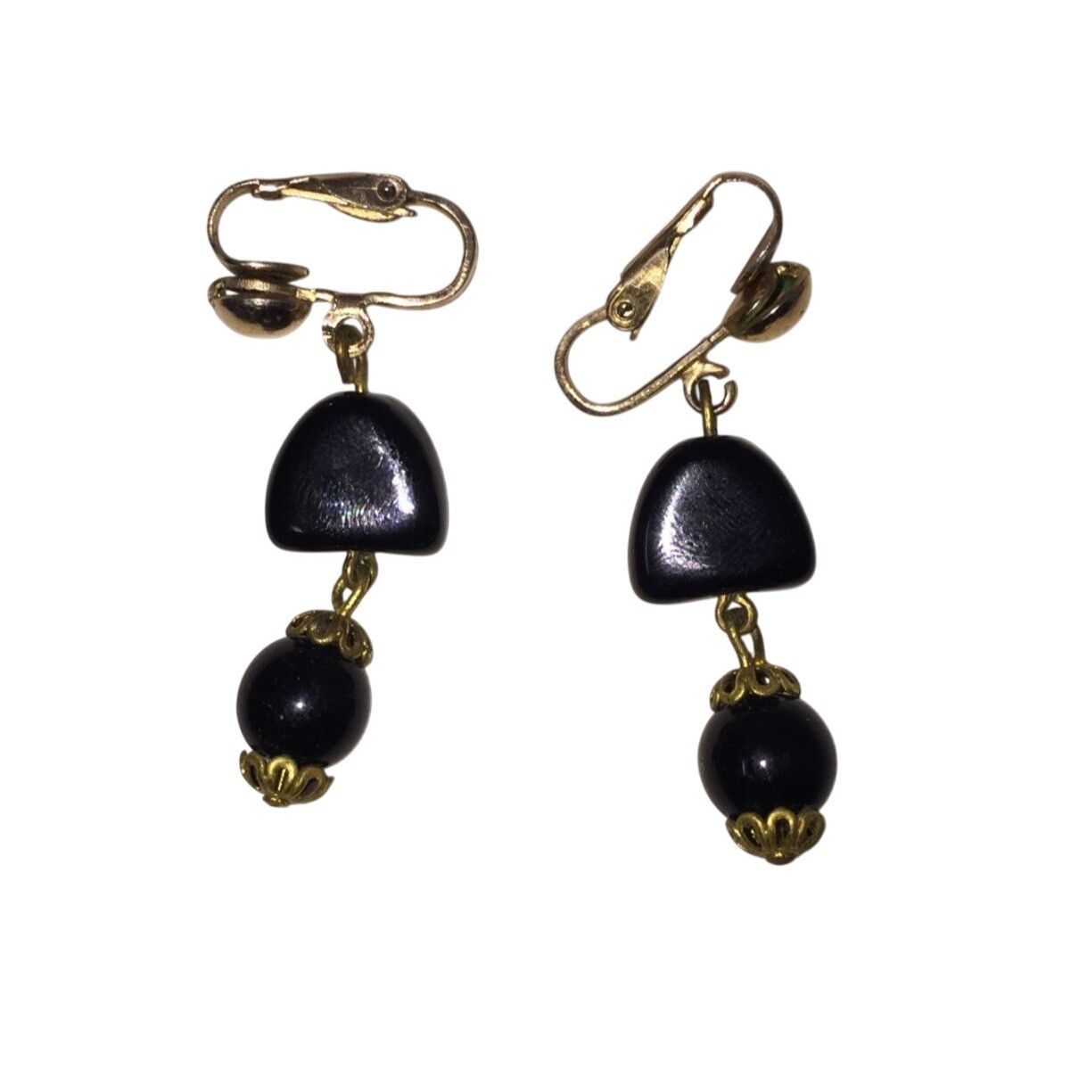 Other Women's Vintage Black and Gold Tone Dangle Clip on Earrings Size ONE SIZE - 2 Thumbnail
