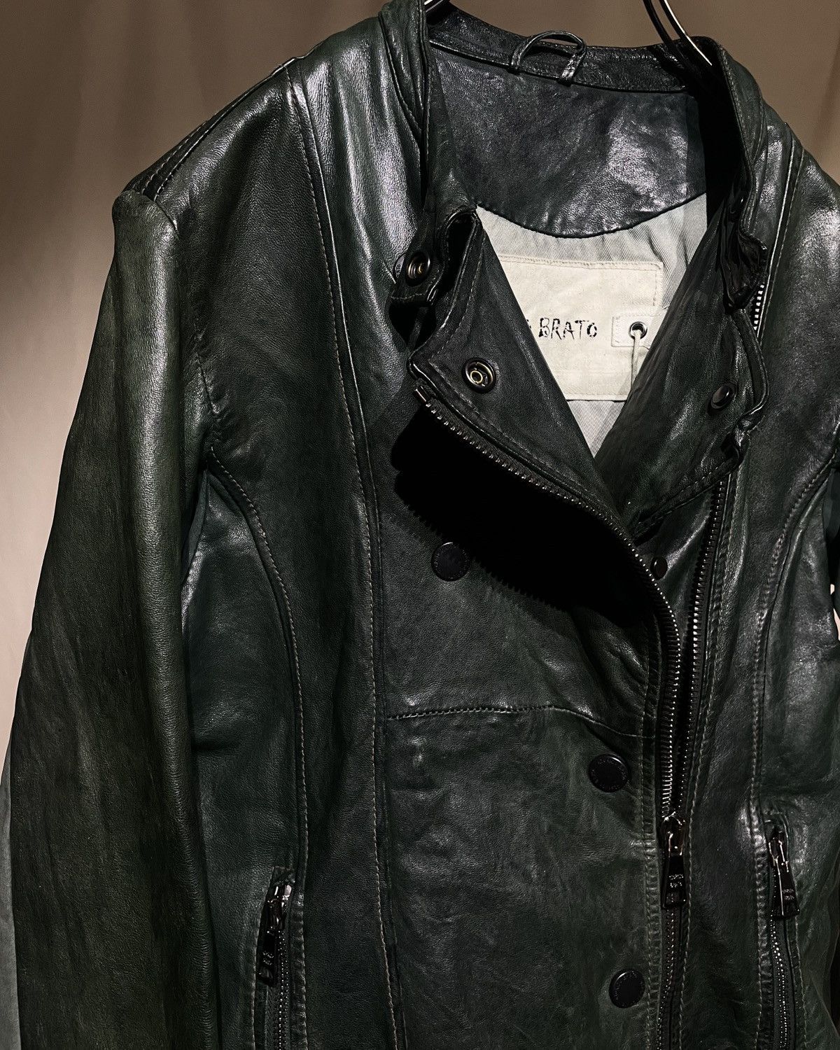 Giorgio Brato Giorgio Brato Oxidized Green Asymmetric Snap Leather Jacket Size S / US 4 / IT 40 - 8 Thumbnail