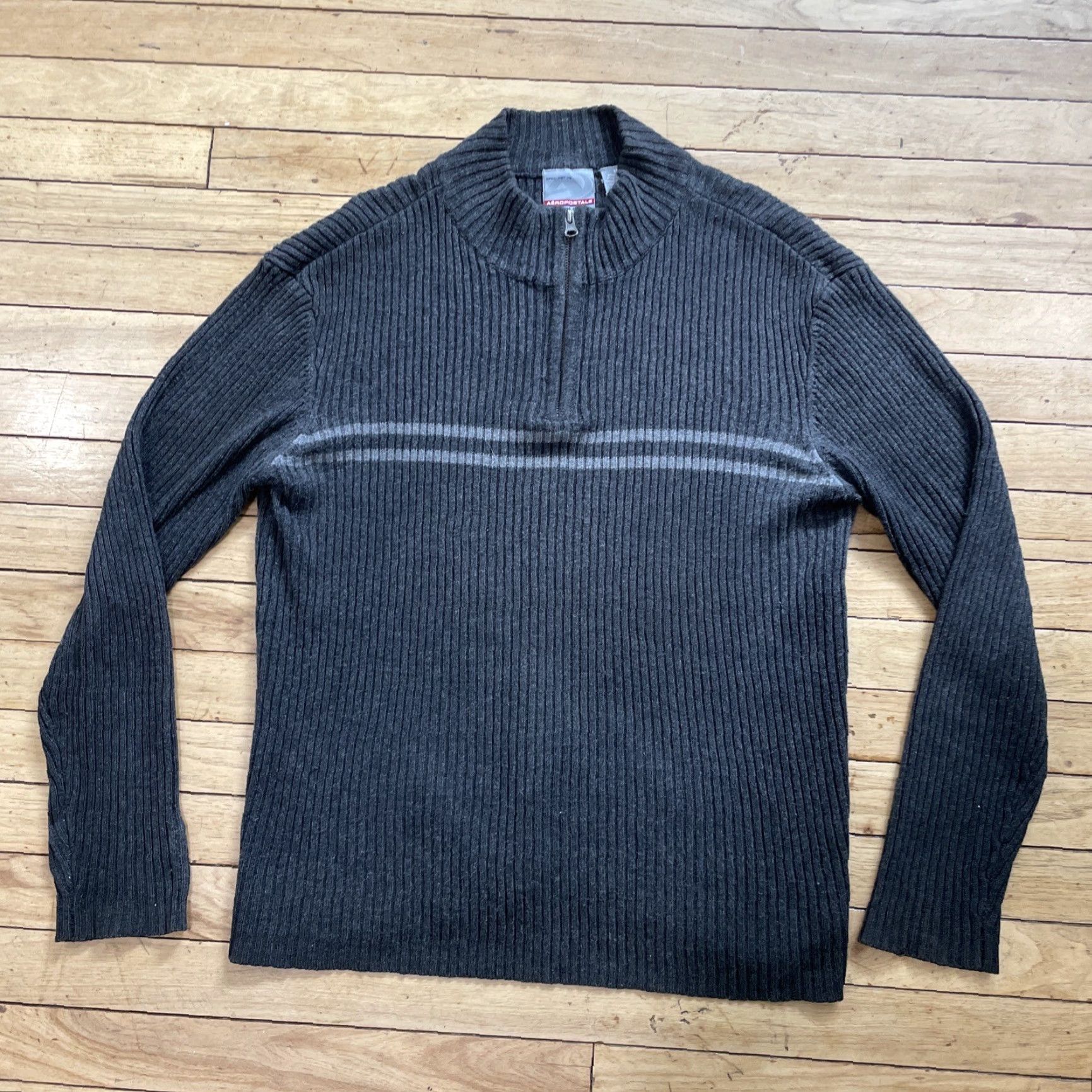 Aeropostale AEROPOSTALE 1/4 Zip Sweater Men M Gray Ribbed 90s Y2K Skater Slim Fit Ramie Knit Pullover Zip Mock Neck Center Stripe Mens Size US M / EU 48-50 / 2 - 6 Thumbnail