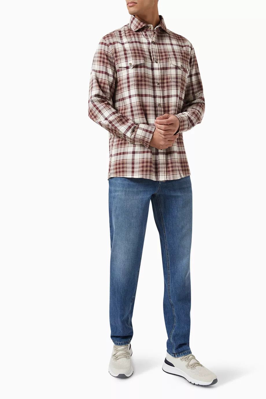Brunello Cucinelli o1y0526 Checked Shirt in Burgundy/White Size US M / EU 48-50 / 2 - 2 Thumbnail