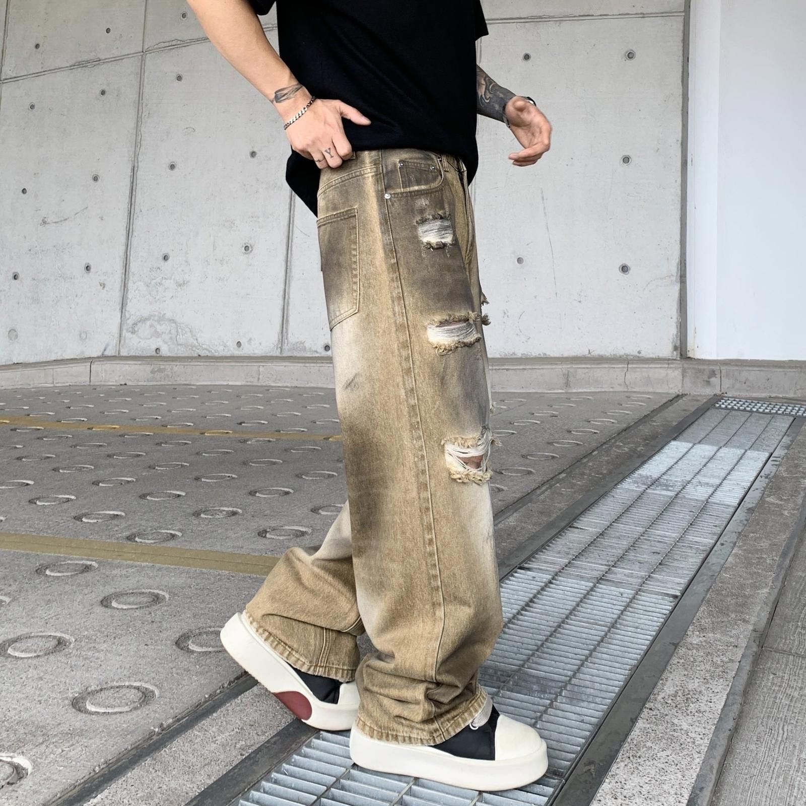 Japanese Brand Beige Distressed Baggy Denim Jeans, Wide Leg Ripped Jeans Size US 32 / EU 48 - 4 Thumbnail