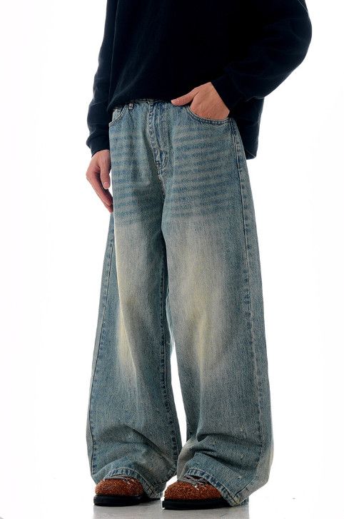 Jean Retro washed men's straight loose casual distressed jeans Size US 32 / EU 48 - 3 Thumbnail