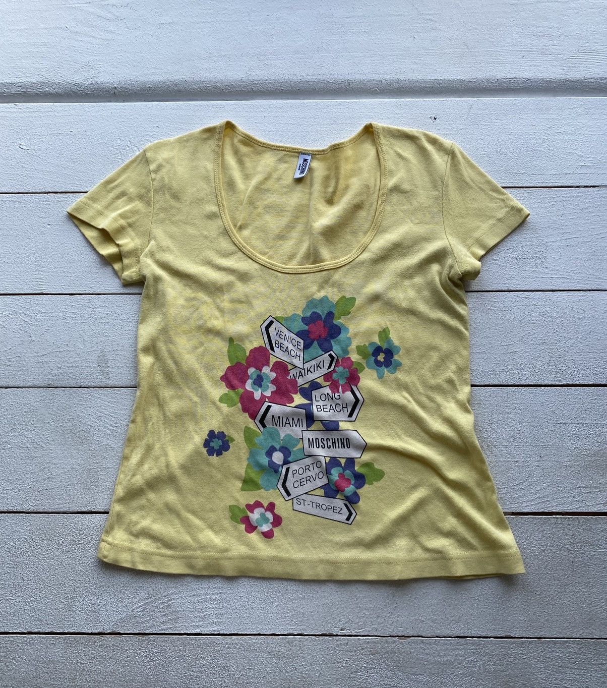 Designer × Love Moschino × Vintage 90s🔥 Love Moschino Tourism Yellow Sexy Top Tee Women M Emo Size M / US 6-8 / IT 42-44 - 1 Thumbnail