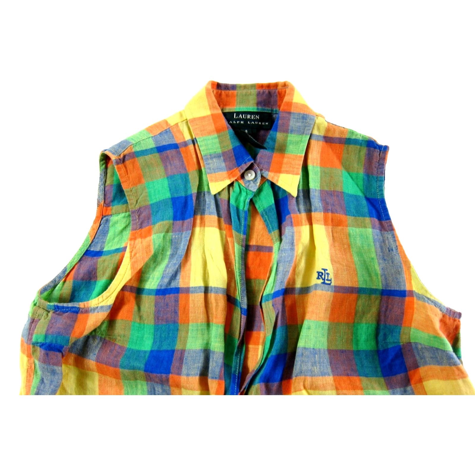 Ralph Lauren VINTAGE Lauren Ralph Lauren Green Label Blouse Shirt Sleeveless Linen Plaid Wrap Belted 4 Green Size S / US 4 / IT 40 - 4 Thumbnail