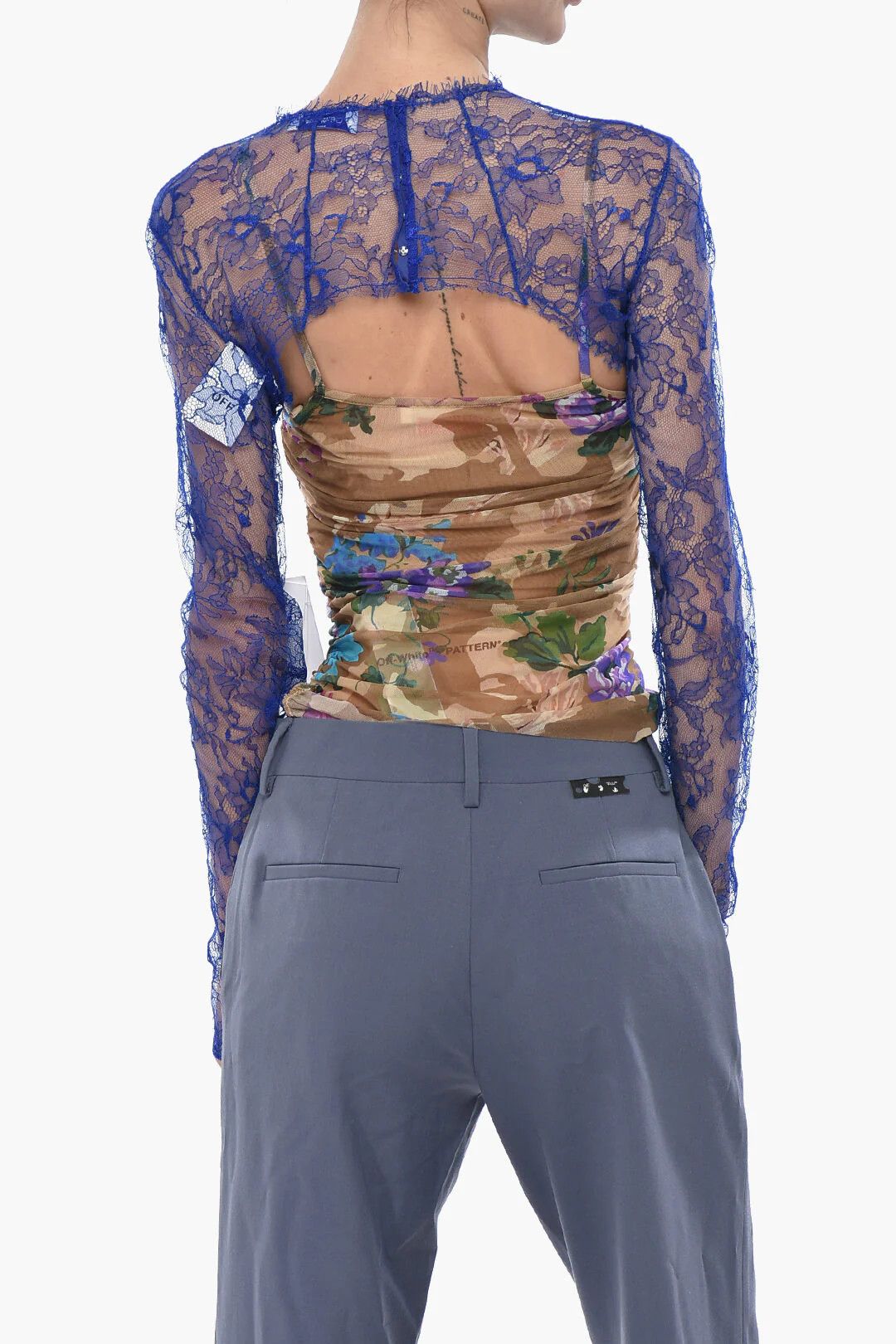 Off-White og1mm0426 Lace Off-Shoulder Top in Blue Size S / US 4 / IT 40 - 2 Thumbnail