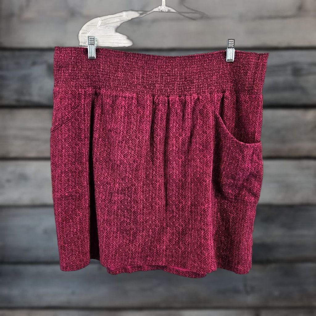 Prana Prana Womens Skirt XL Black Cherry Bodhi Suger Pine Smocked Pockets Waist A-Line Short Cotton Multicolor Womens Size 40" / US 18 - 1 Thumbnail